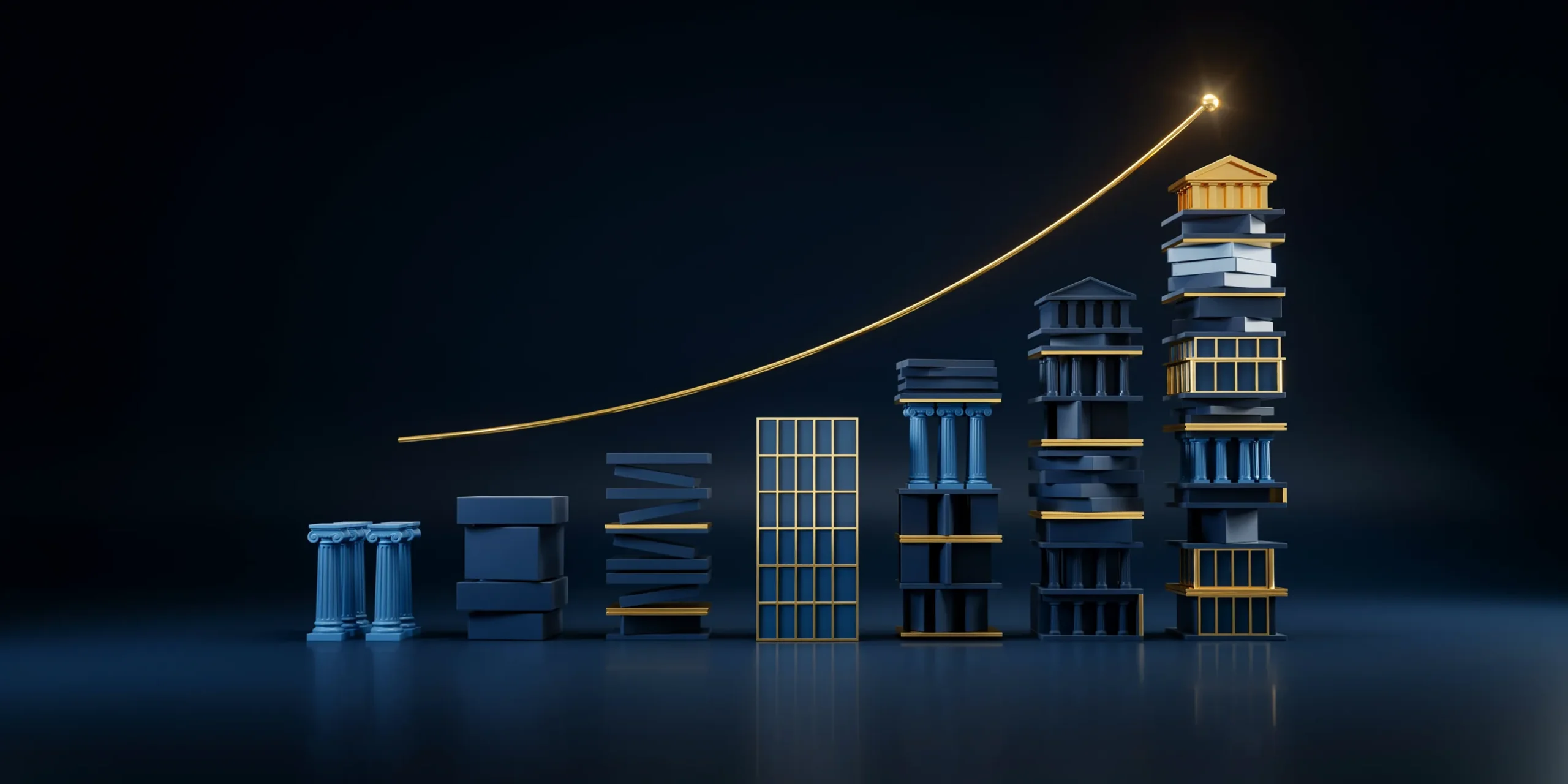 A dark 3D illustration of stacked architectural forms rising in height with a gold arc curving upward, introducing the section on pay growth after licensure
