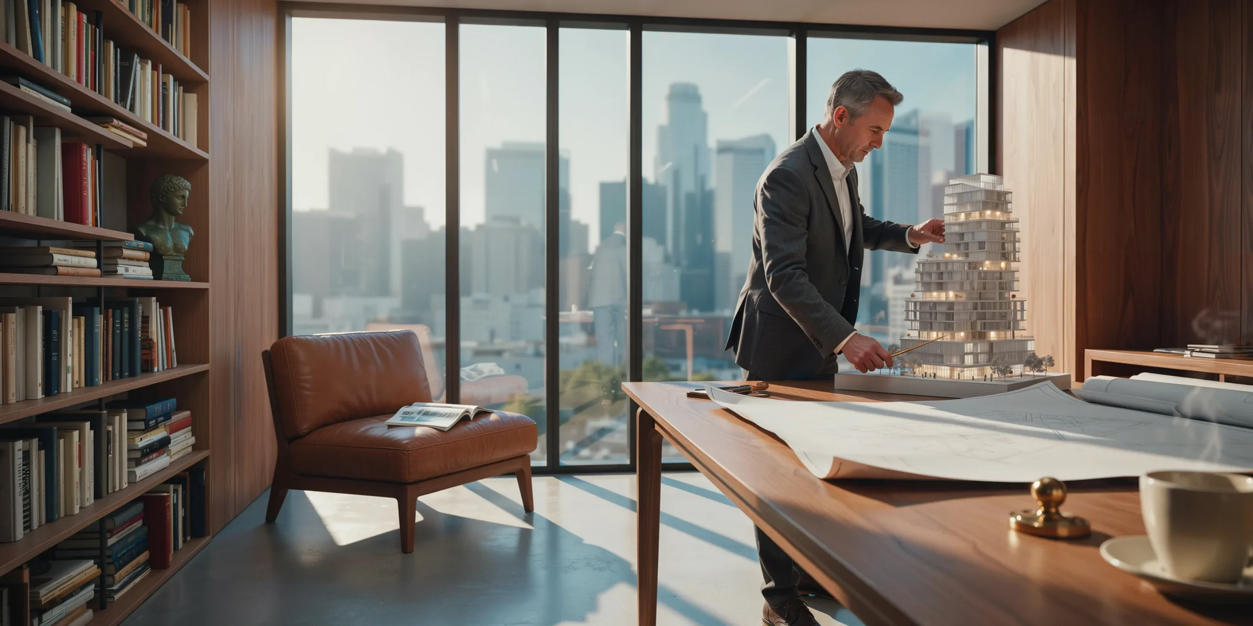 An architect in a sunlit office studying a tower study model, with a city skyline through the window, introducing the senior and principal pay section
