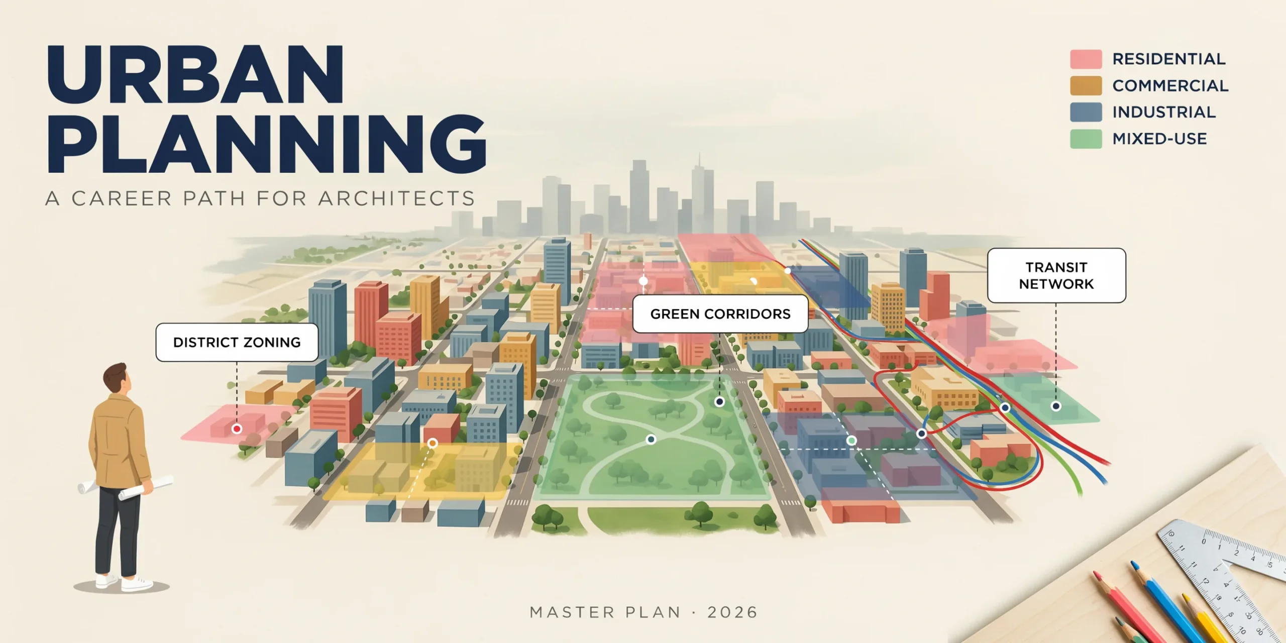 An illustrated cityscape showcasing urban planning elements for architects.