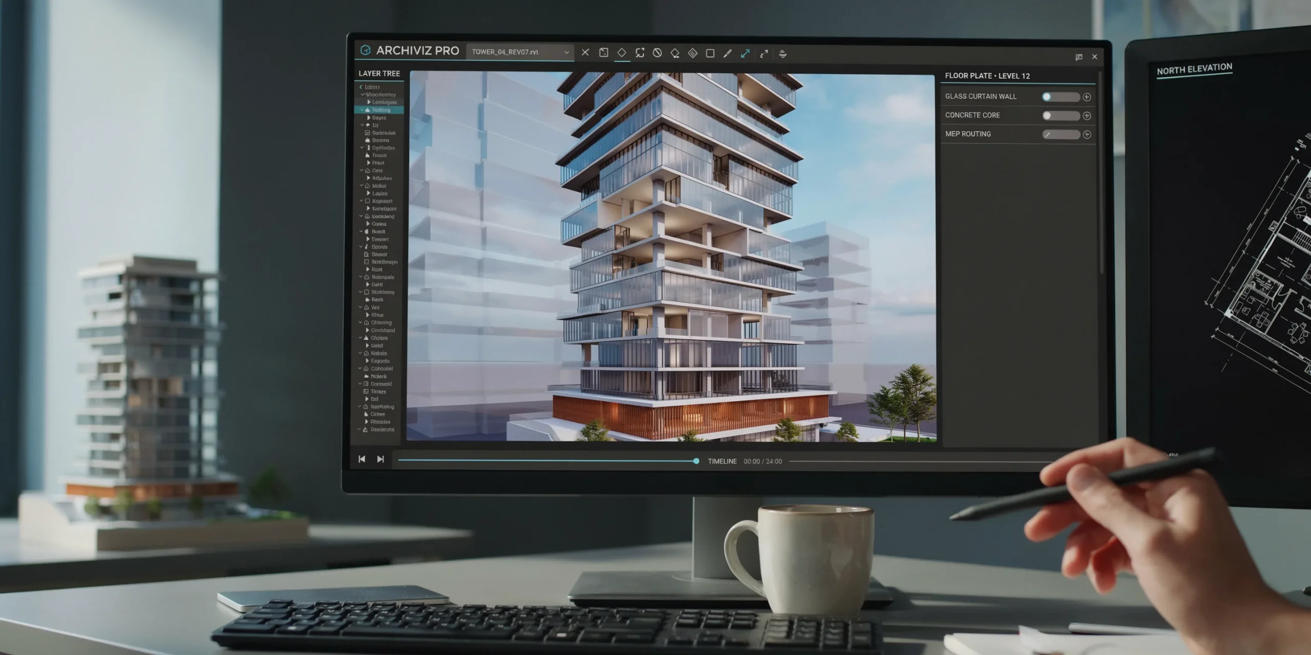A 3D architectural model on a screen representing BIM and project management.