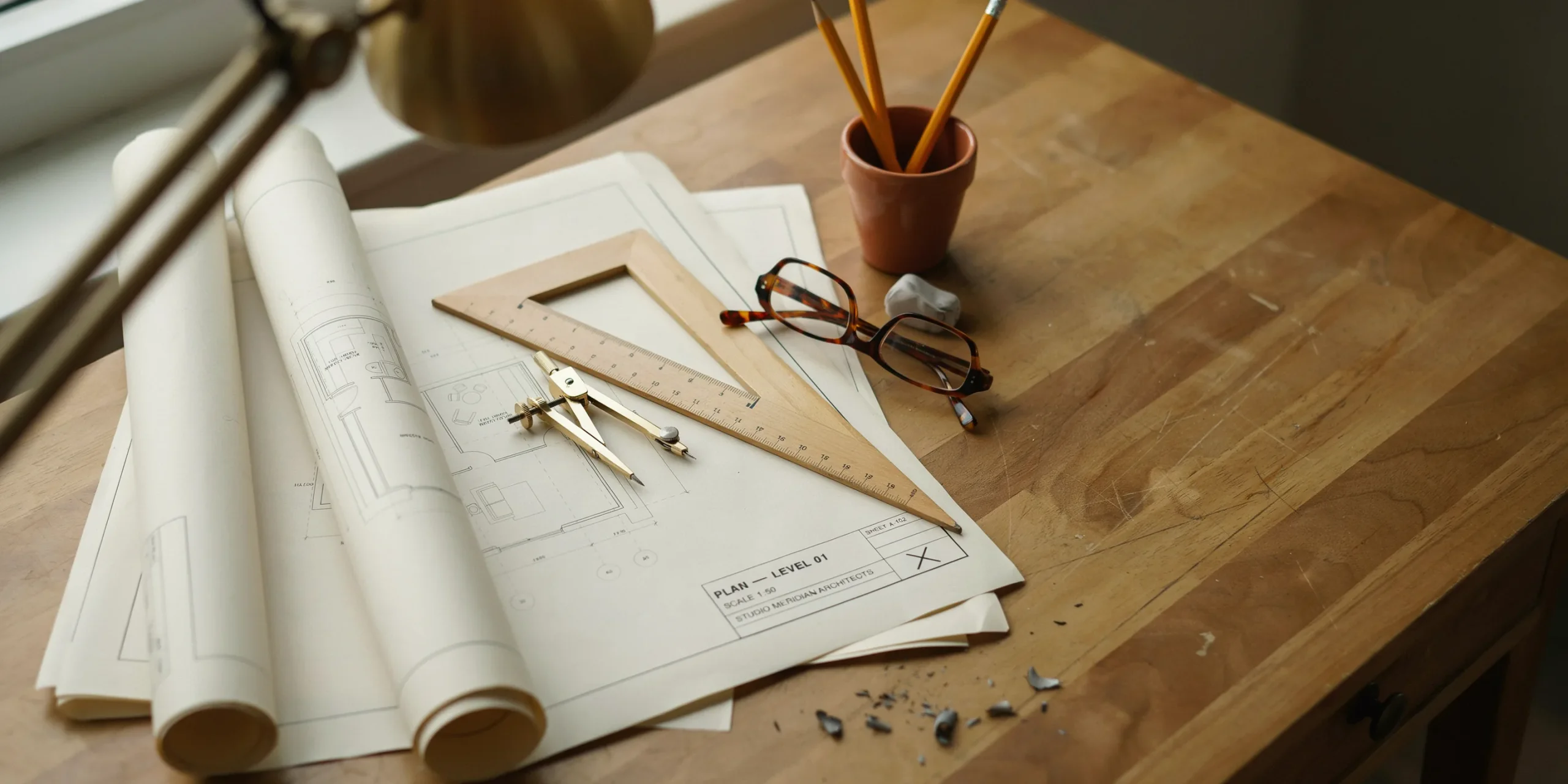 Architectural blueprints and tools representing various architect career paths.