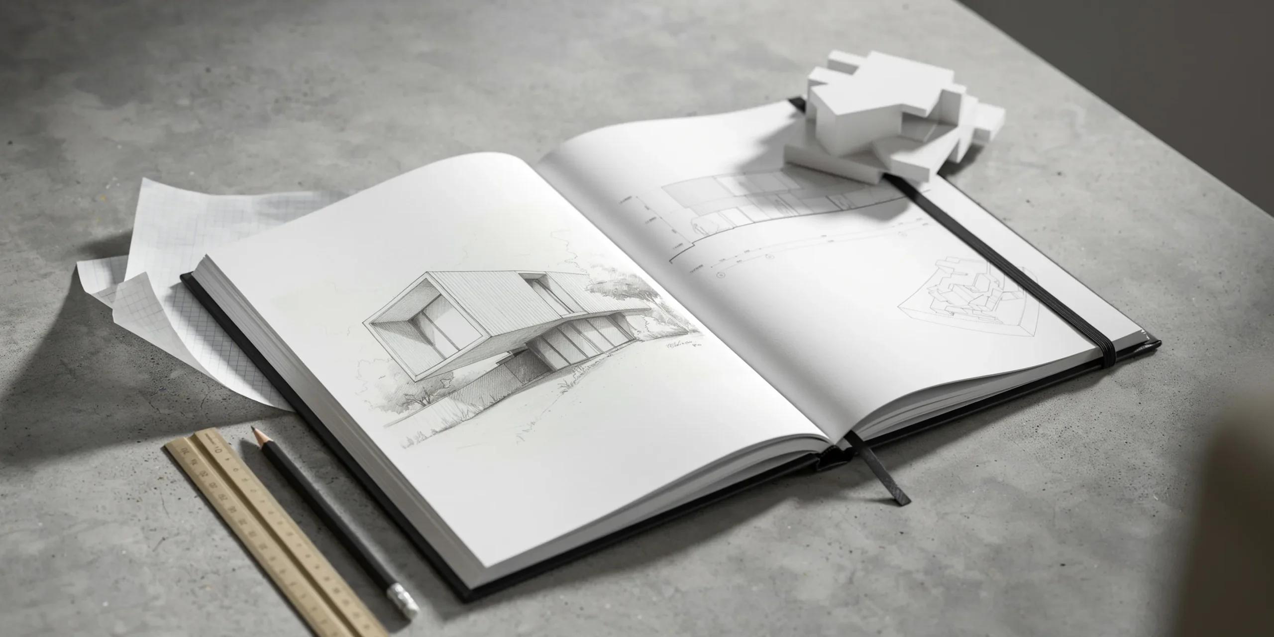 Detailed view of an architecture portfolio showcasing sketches and models for grad school applications