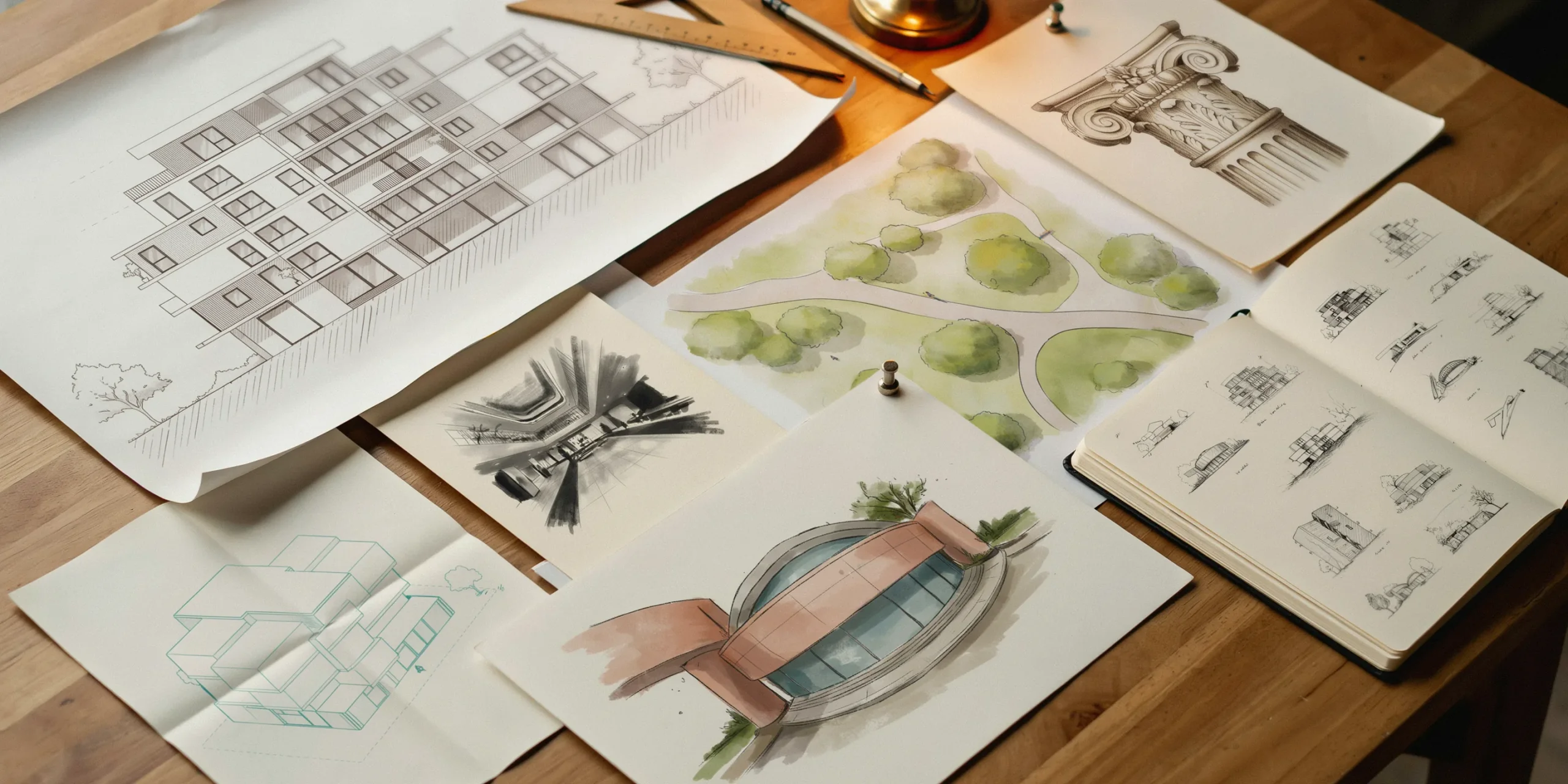 Classroom drawings and renderings showcased in a student portfolio.