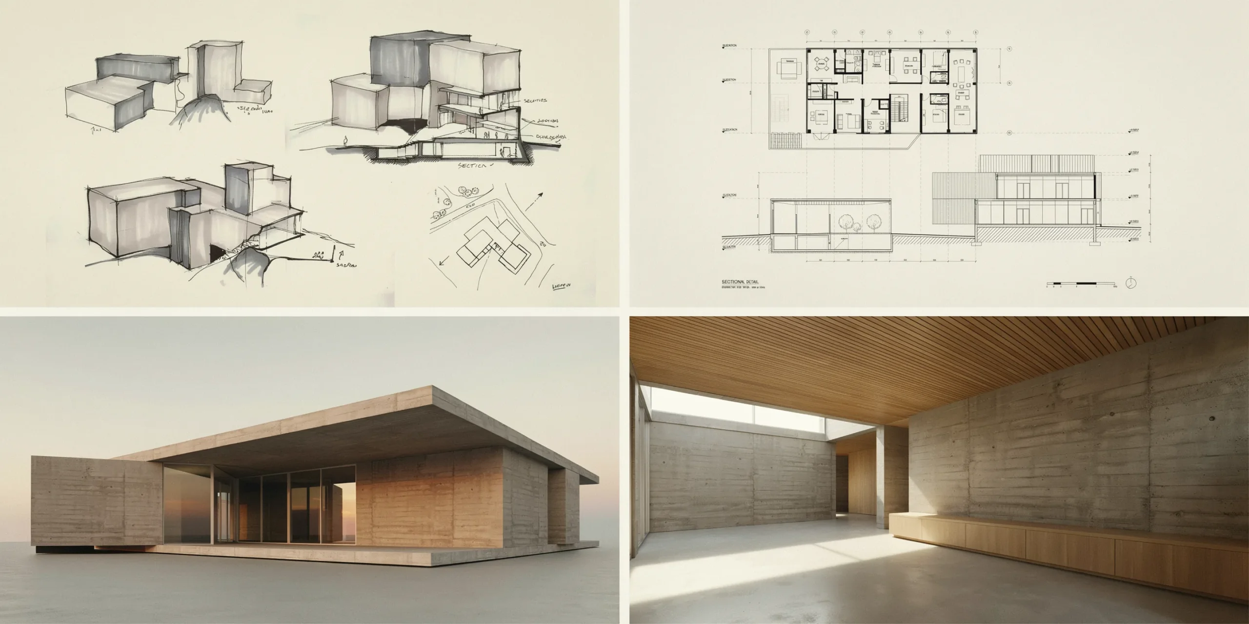 A project page in an architecture portfolio with sketches and final imagery.