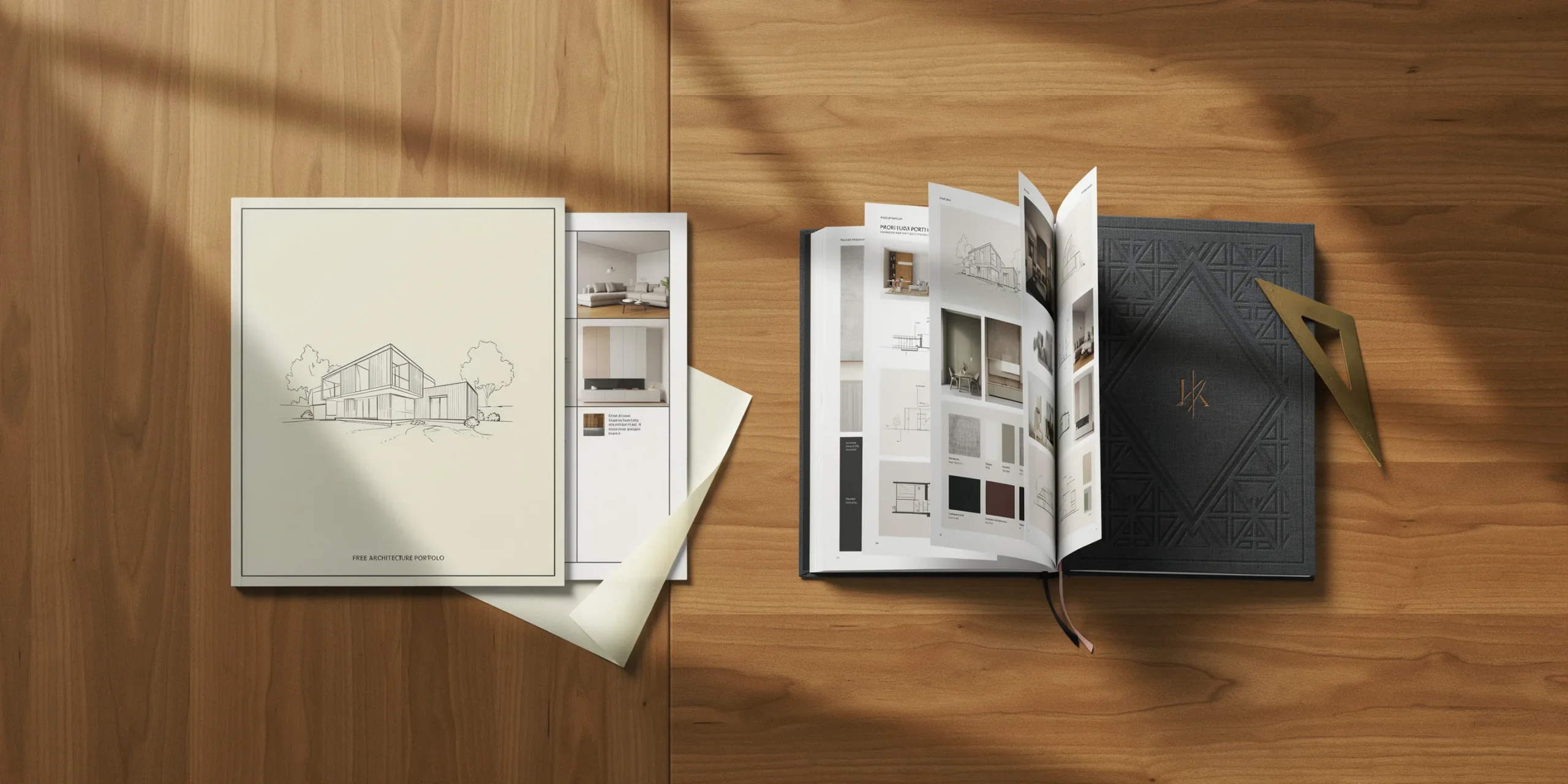 Comparison of free and paid architecture portfolio templates showcasing design differences.