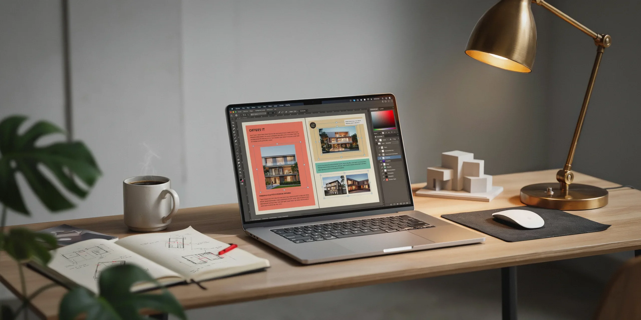 Editing an architecture portfolio template in Adobe InDesign with customization elements visible.