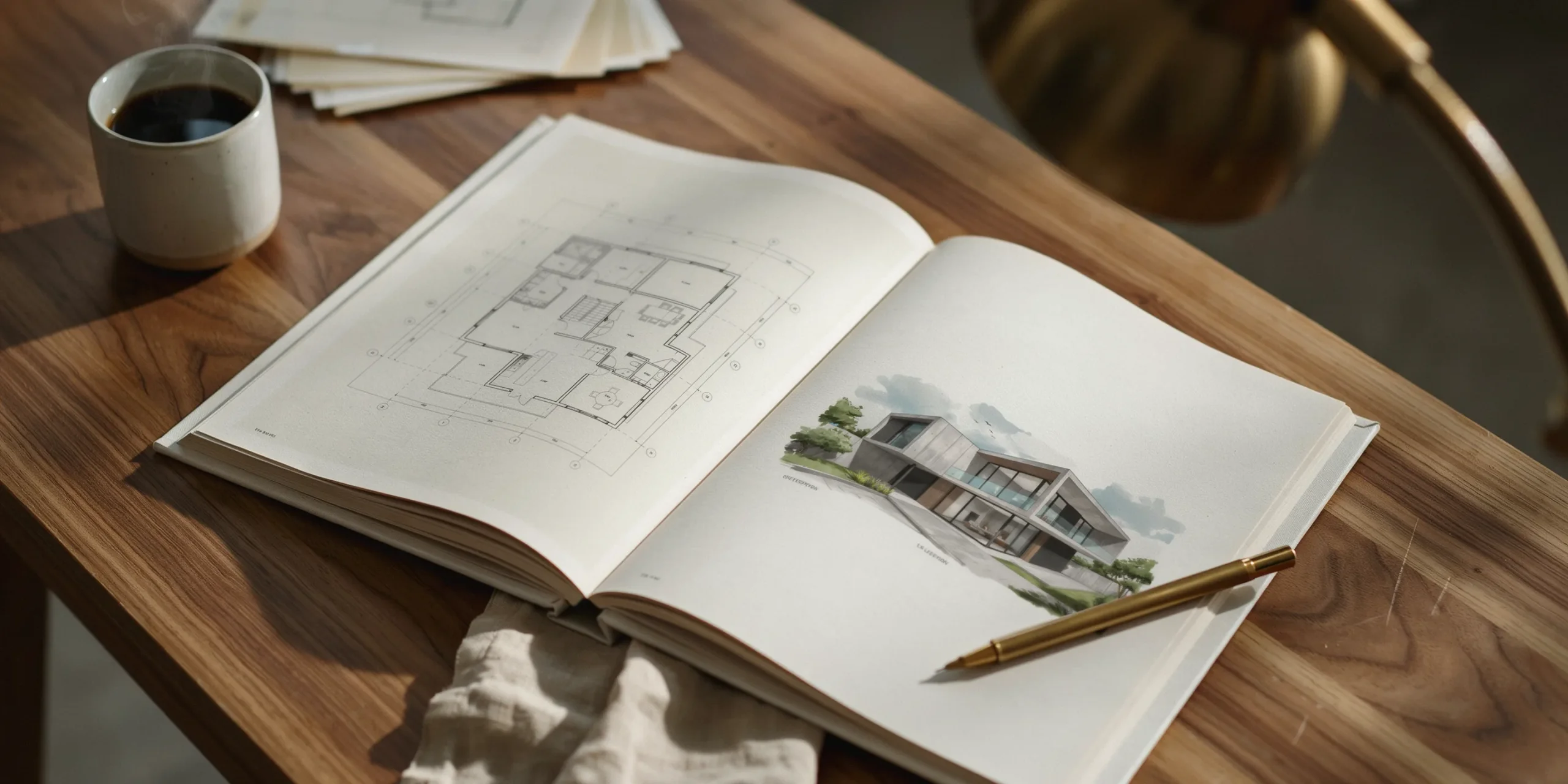 An open architecture portfolio template showcasing project spreads with elegant typography.