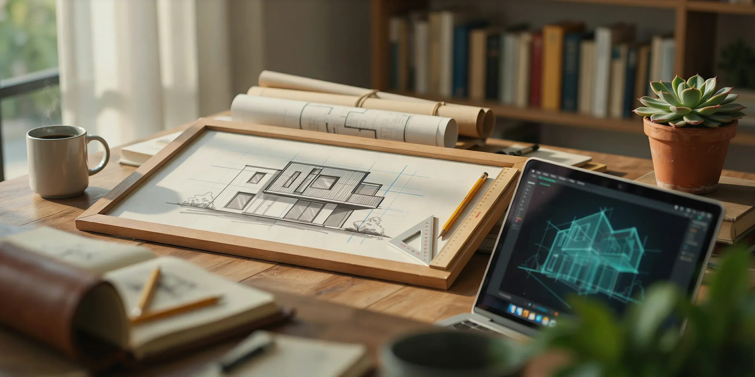 A creative design desk with architectural sketches and drafting tools representing mentorship in architecture.