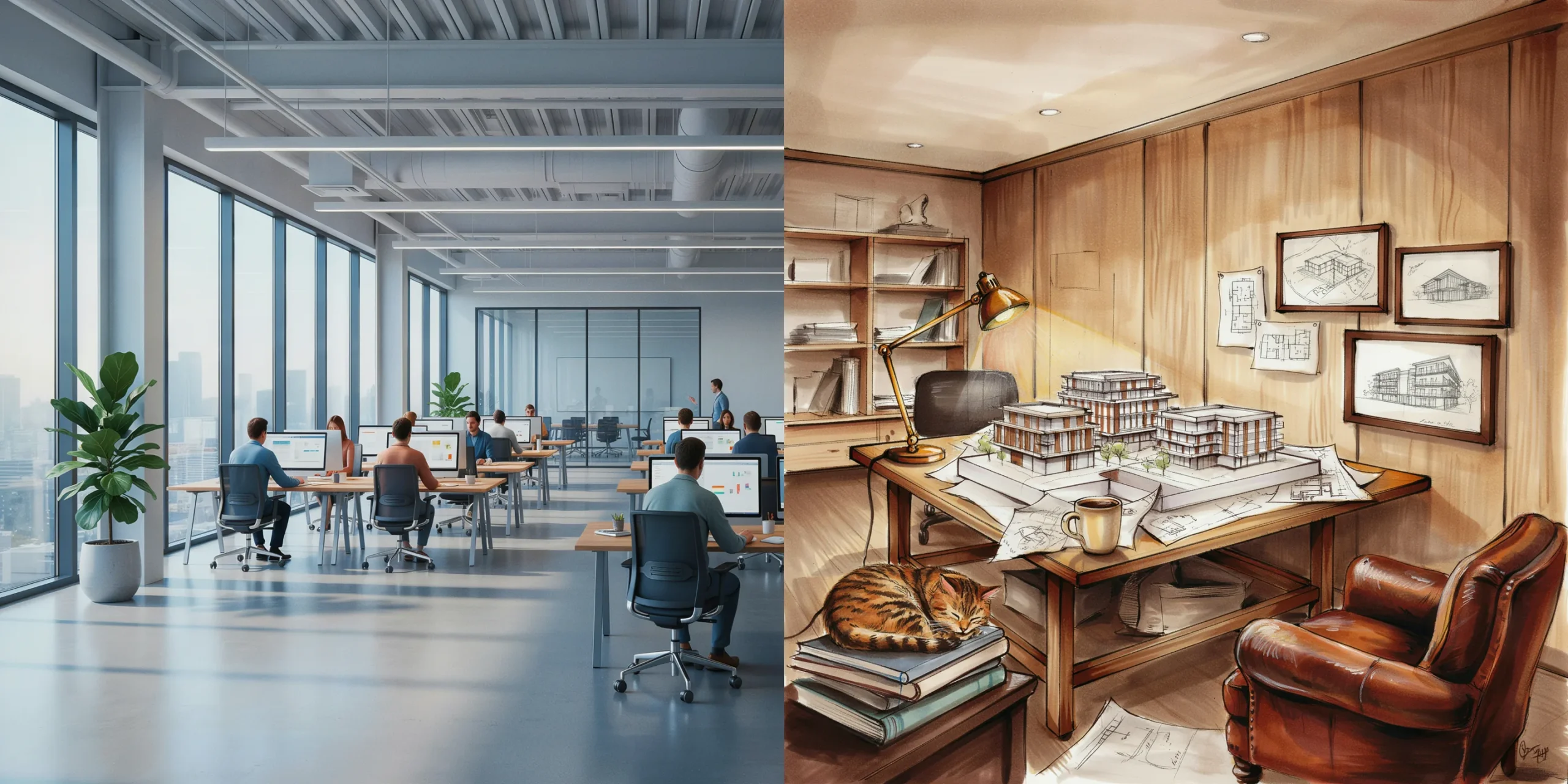 Contrasting environments of a large architecture firm and a small studio illustrating career choices.