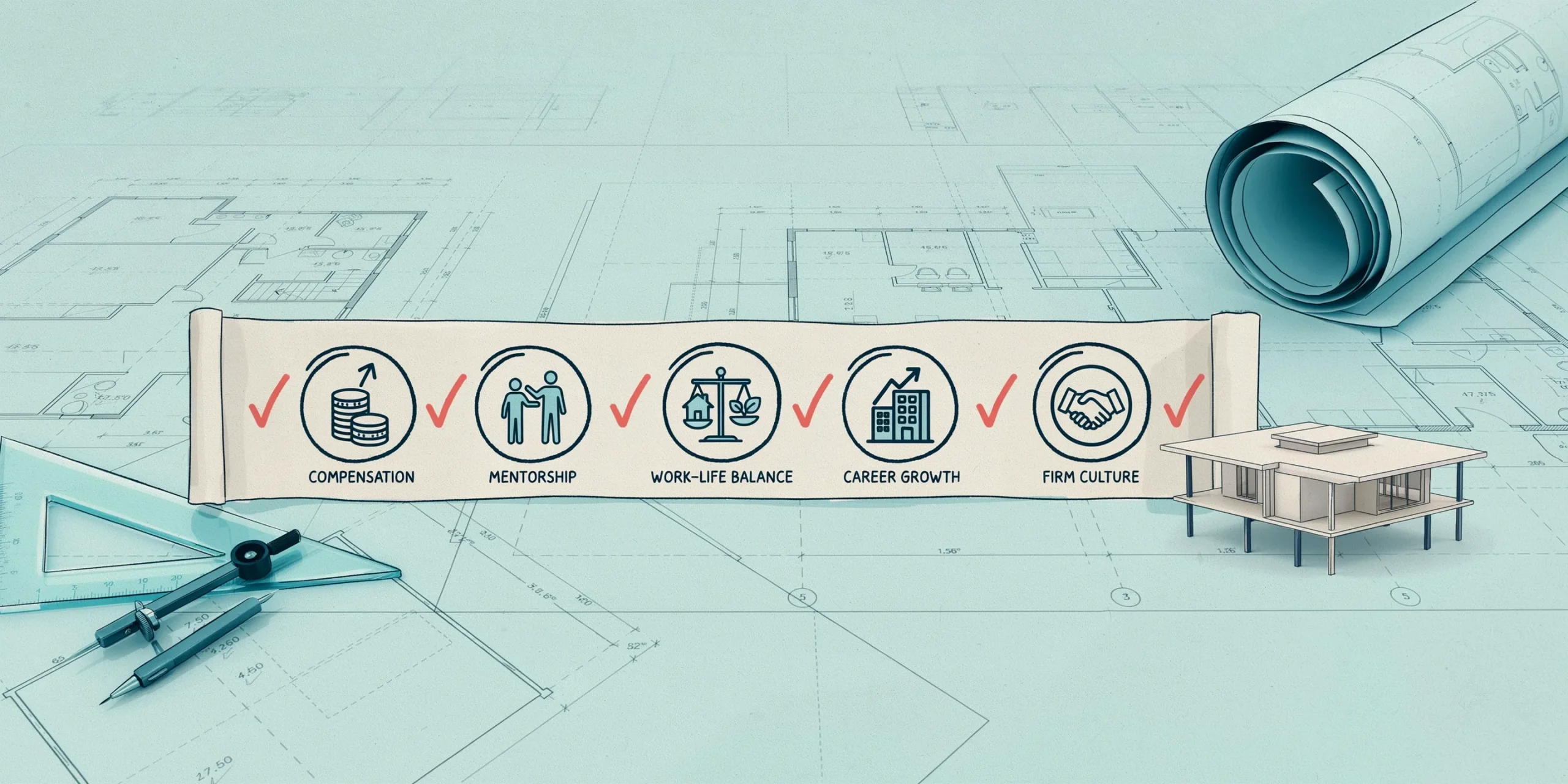A checklist of key factors for choosing an architecture firm overlaid on architectural blueprints.