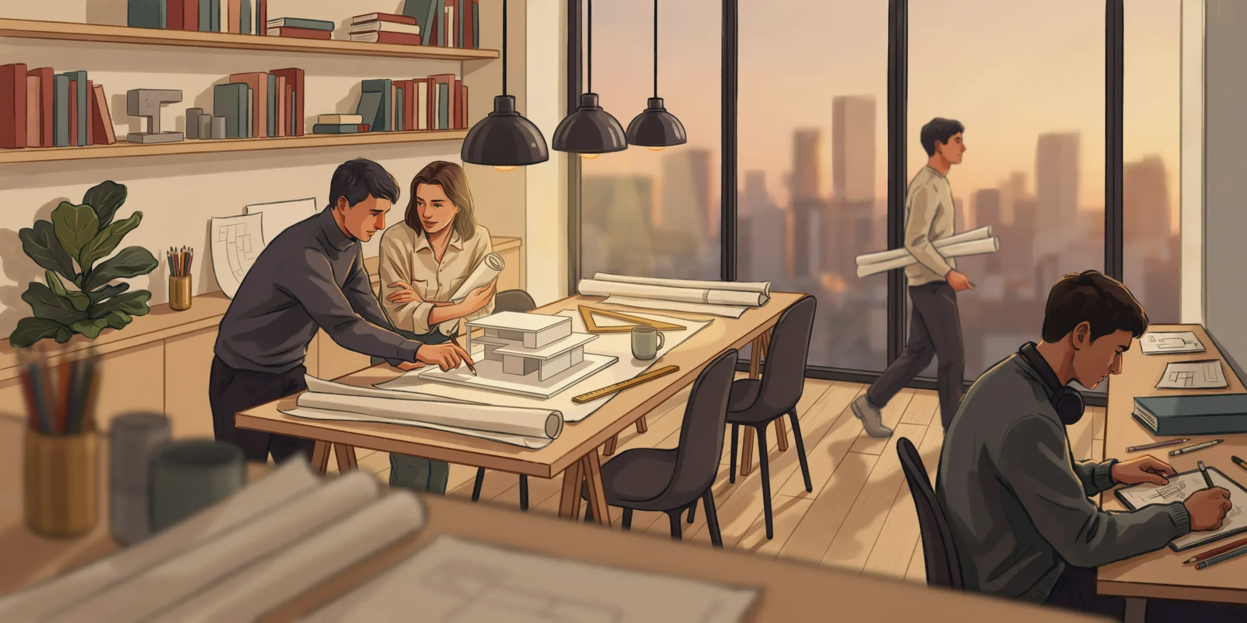 A modern architecture firm office interior showcasing collaborative workspaces and design tools.