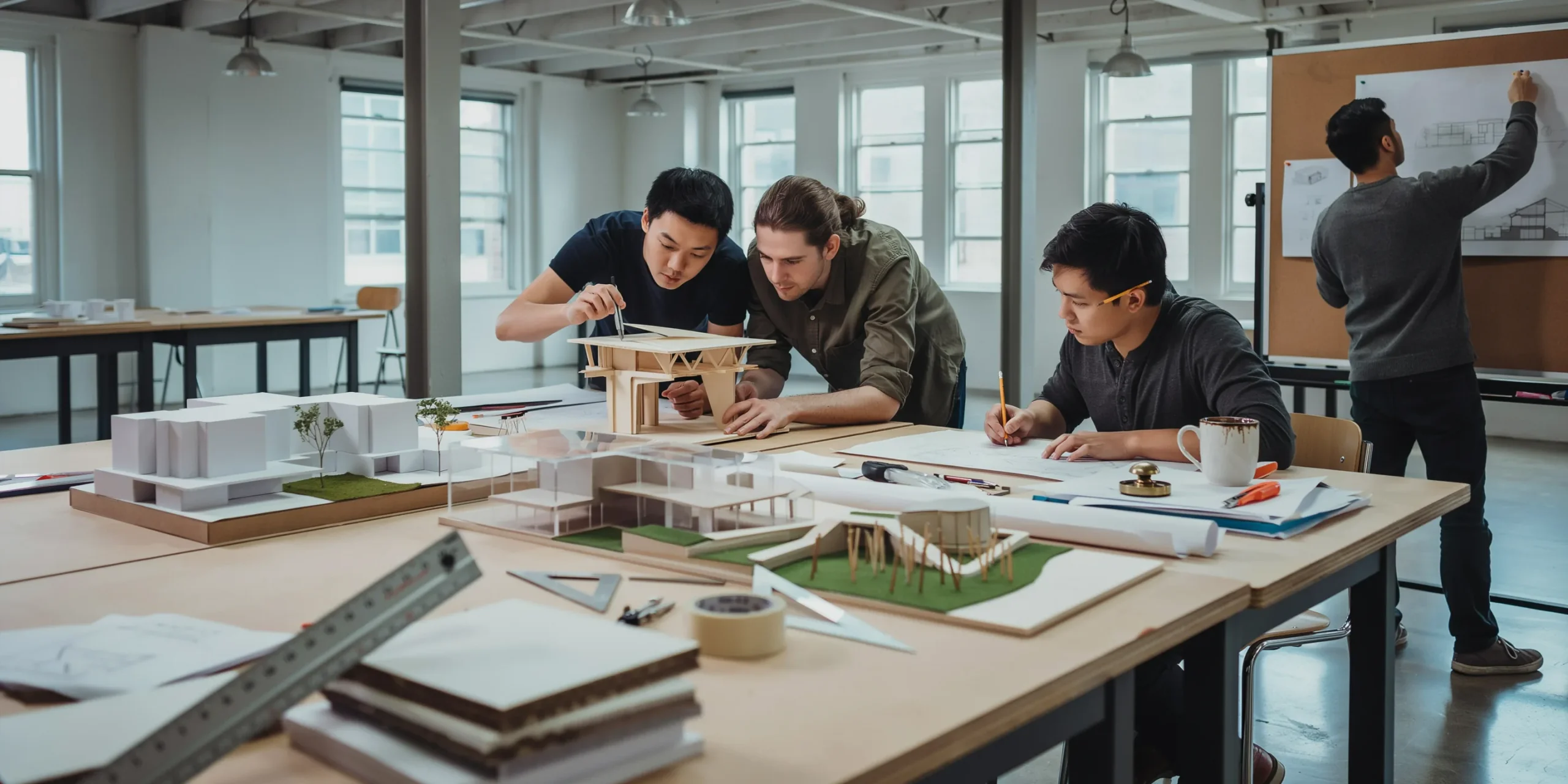 Architecture students collaborating on a design project in a studio classroom.
