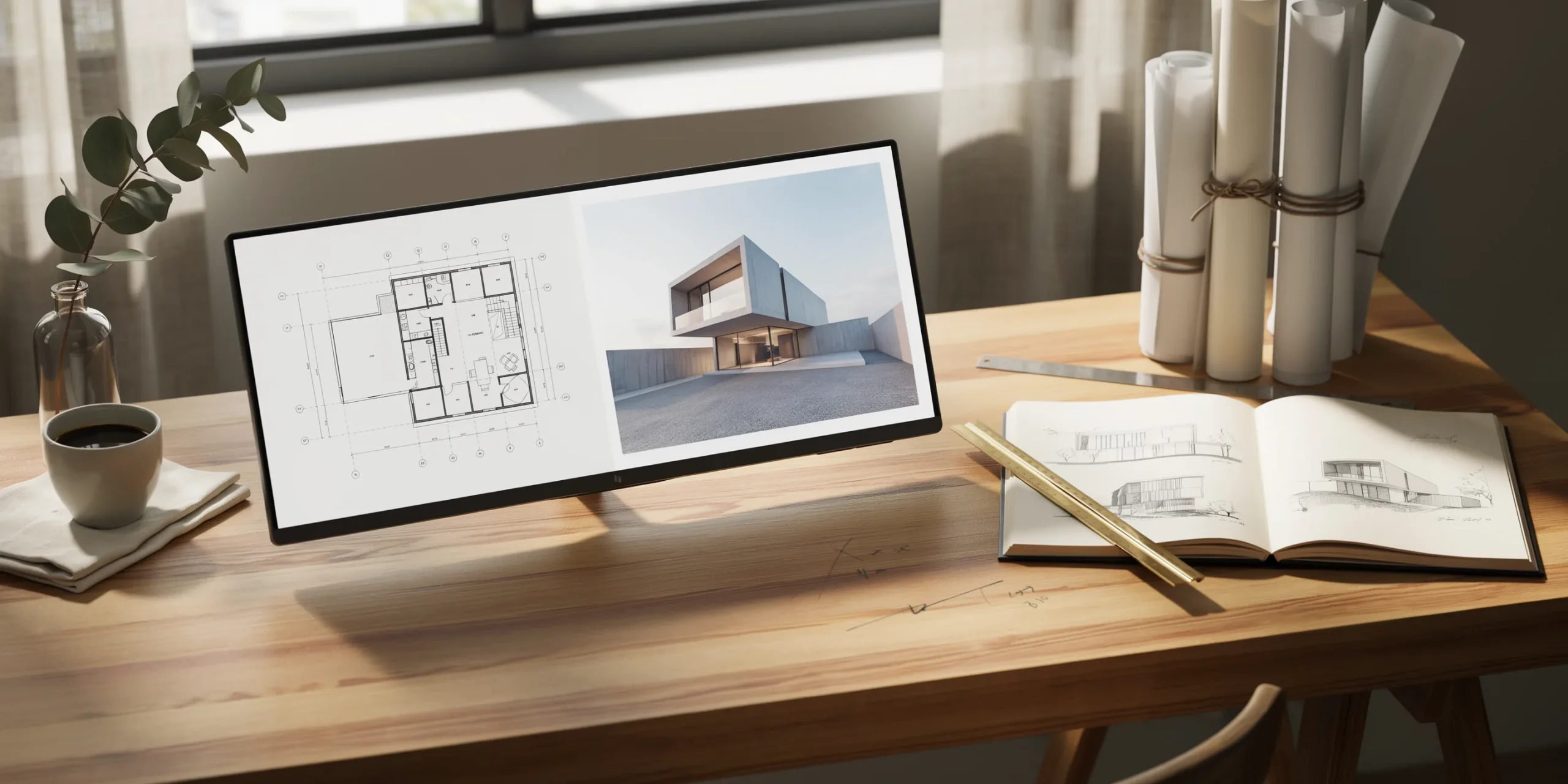 Open PDF architecture portfolio on a stylish desk, highlighting layout details