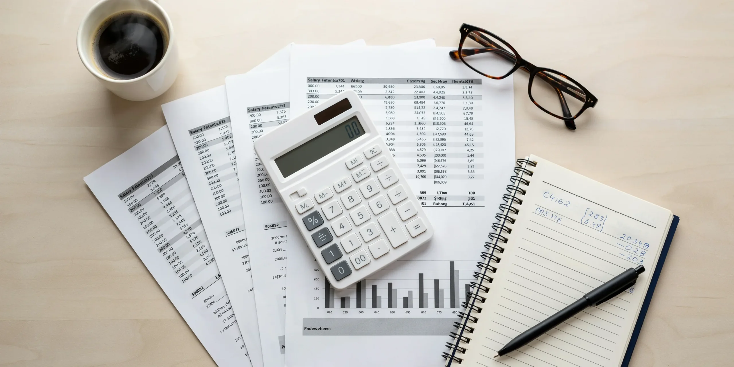 A calculator resting on printed spreadsheets beside a notebook, glasses and a coffee cup, a desk scene for the salary research section