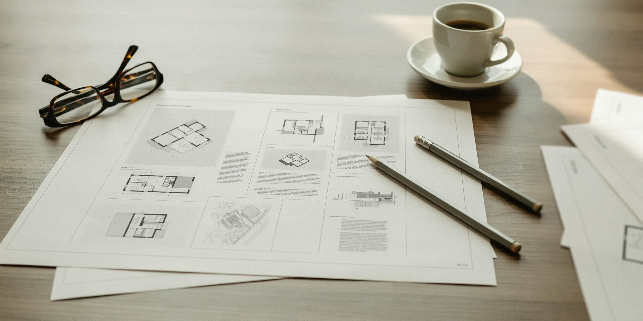 A4 landscape InDesign architecture portfolio setup with grid layout and drawings