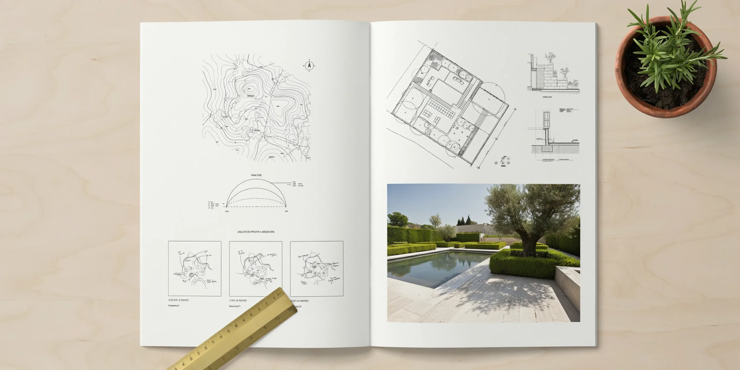 Detailed view of a landscape architecture portfolio spread with site analysis and project image