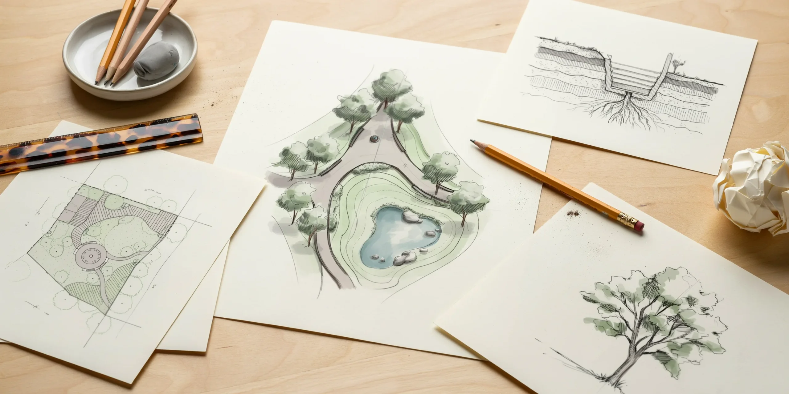 Hand-drawn sketches and diagrams demonstrating the creative process in landscape architecture