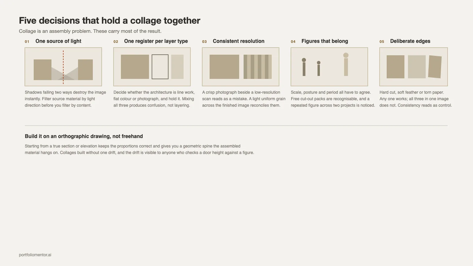 Five decisions that hold an architecture collage together: light, register, resolution, figures and edges