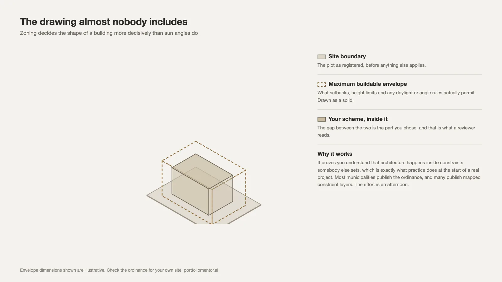 Isometric diagram of a site boundary, the maximum buildable envelope permitted by zoning, and a scheme inside it