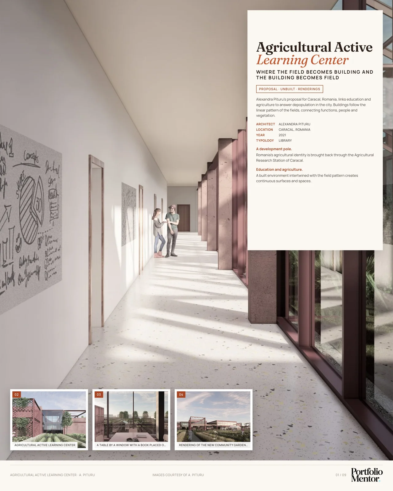 Presentation board cover for Agricultural Active Learning Center showing a brick pergola exterior render, as one portfolio format