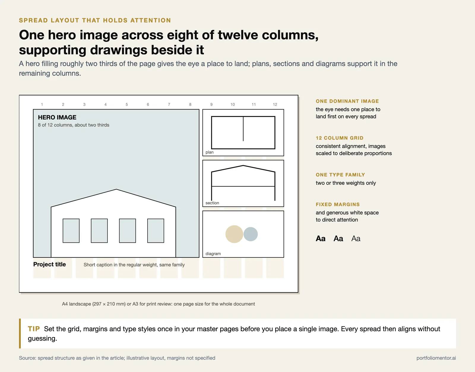 A4 landscape portfolio spread on a 12 column grid with a hero image over eight columns and plan, section, diagram beside it