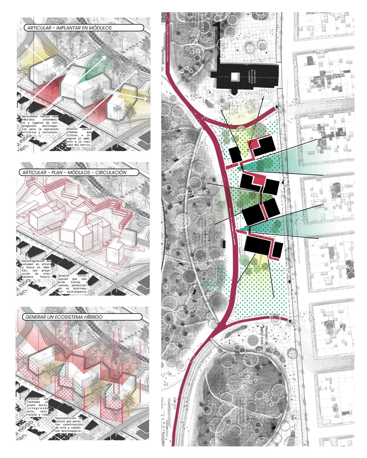 Two panel comparison map diagram with red location pins, comparing two site conditions
