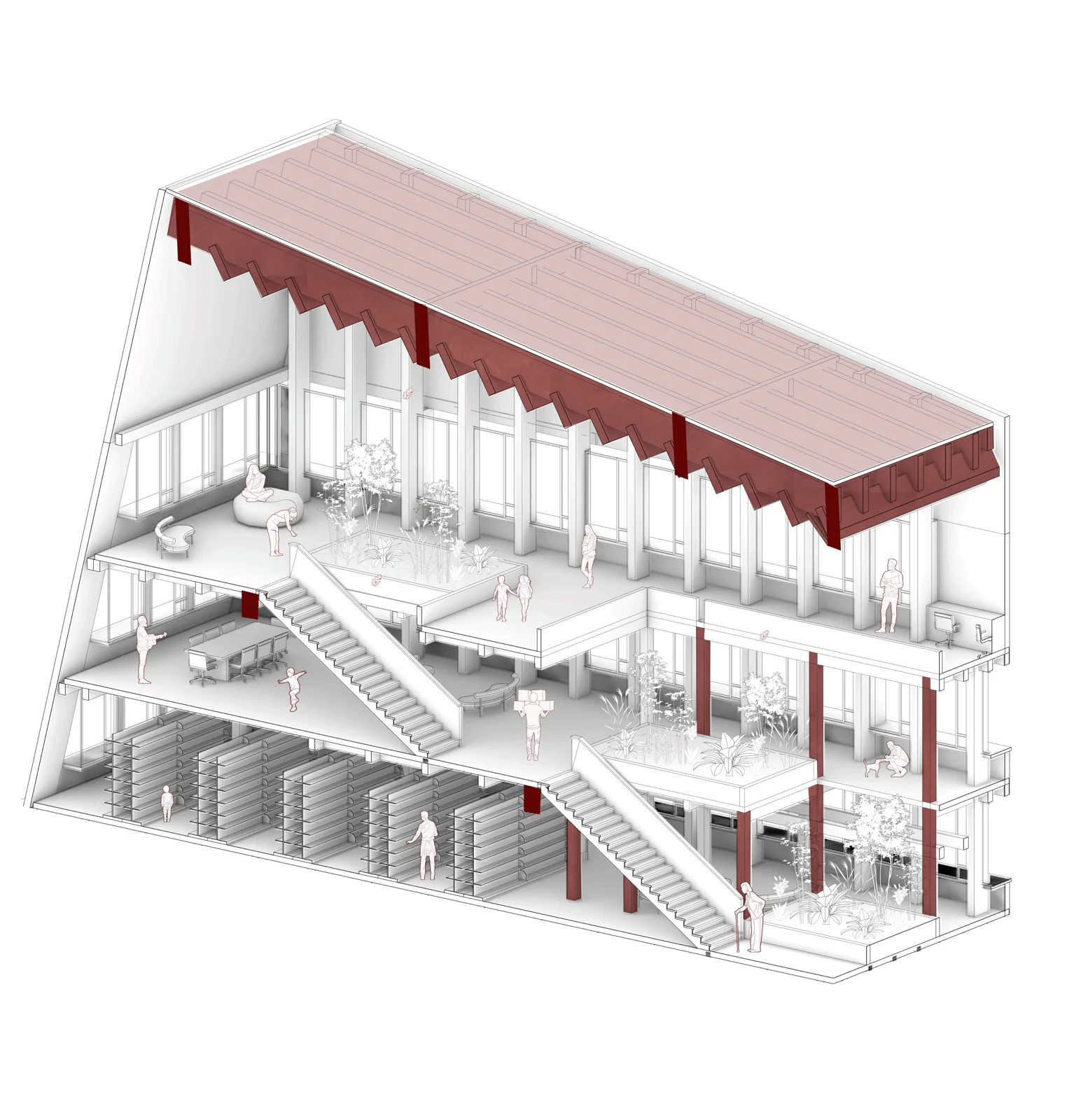 Exploded axonometric cutaway showing a building's interior stair and roof structure in red