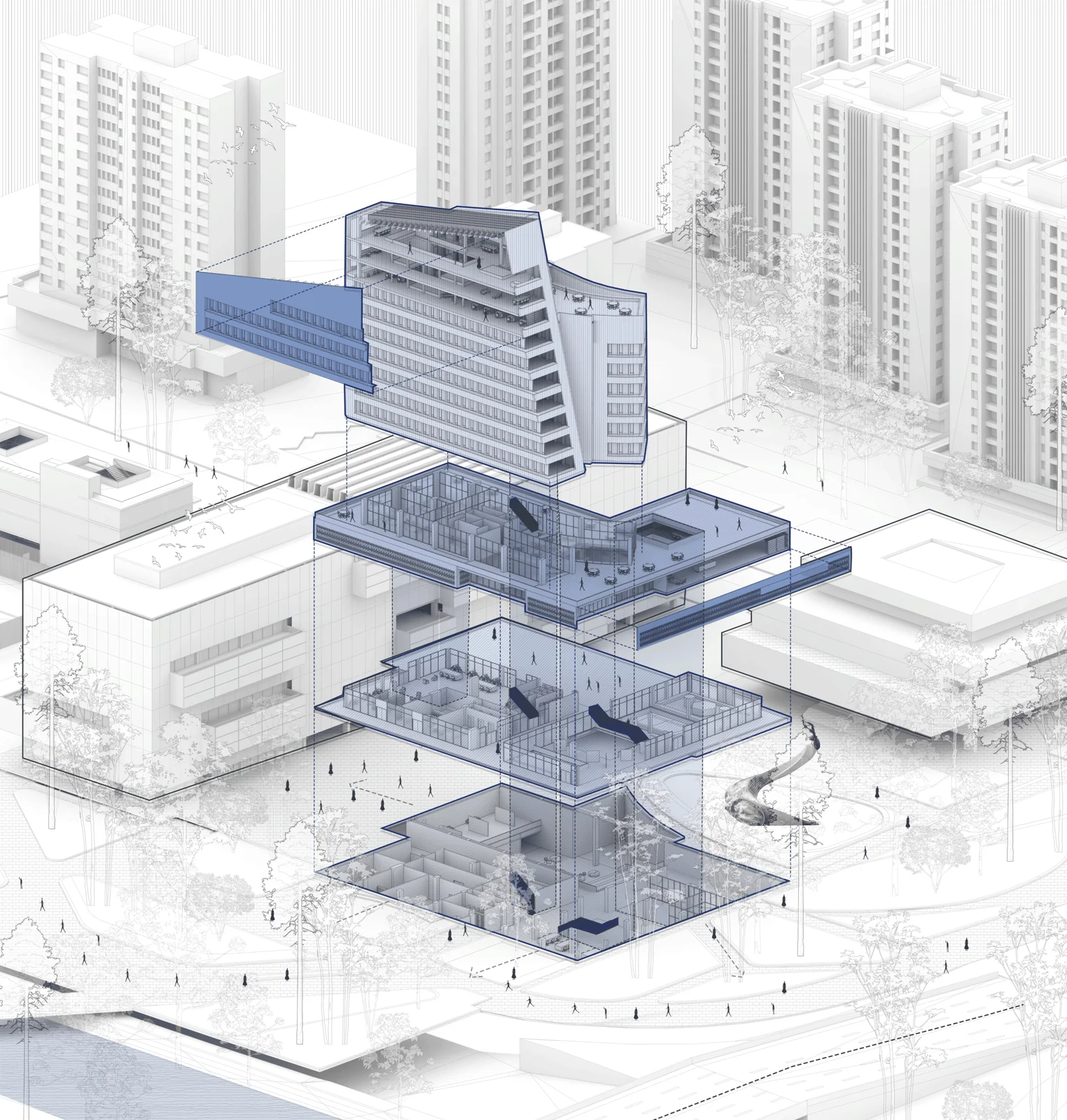 Blue and white axonometric cutaway of stacked building blocks over a city render