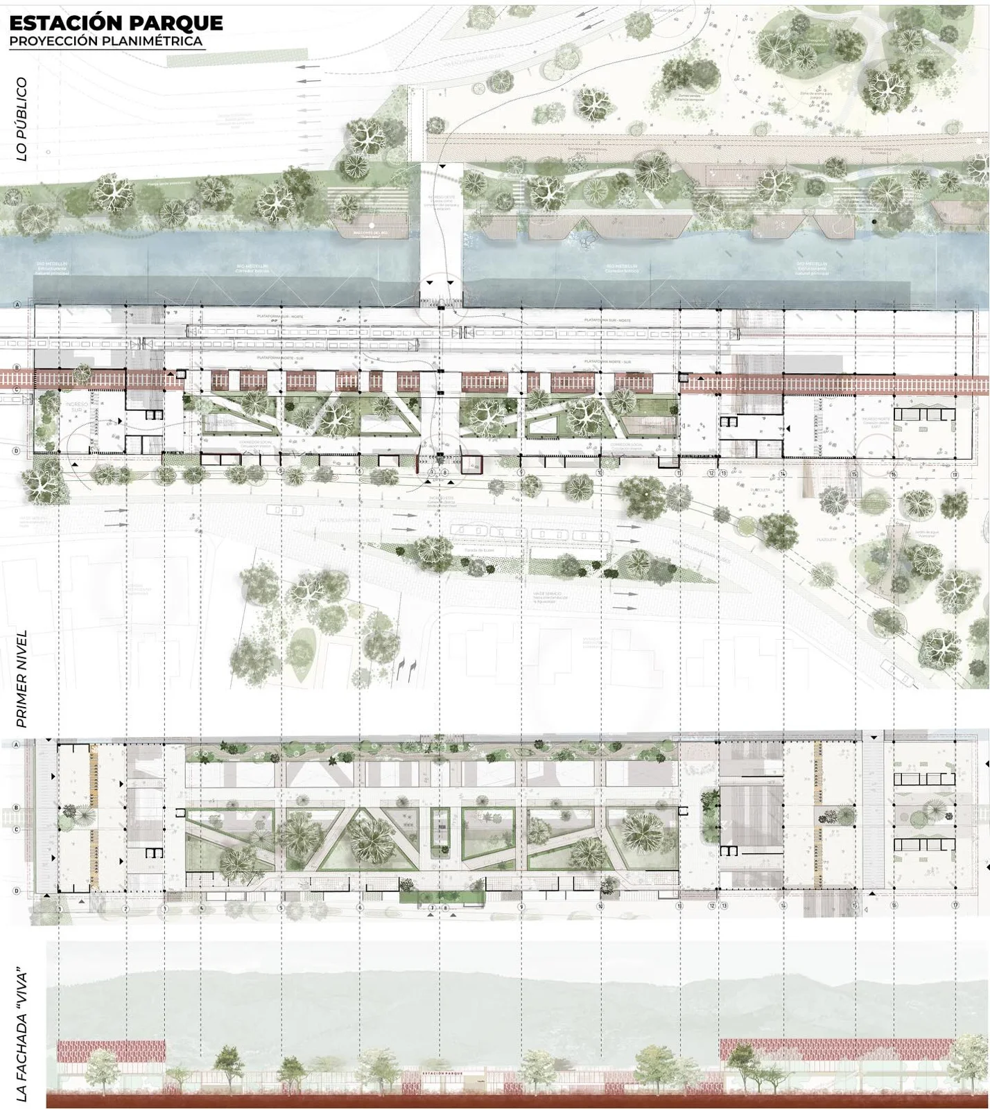Board with a long landscape plan of a park station featuring a pool and green areas, as a landscape portfolio page