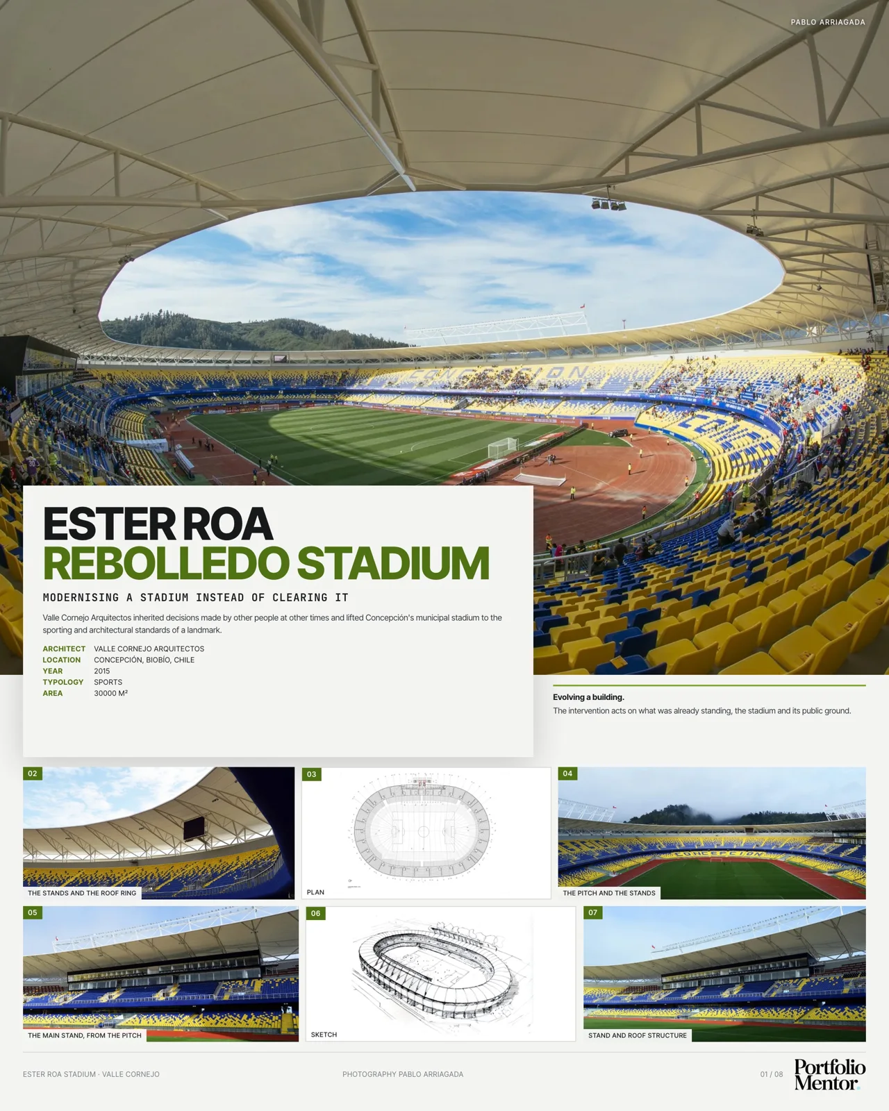 Presentation board cover for Ester Roa Stadium showing an aerial render of the renovated stadium bowl, as an aerial led format