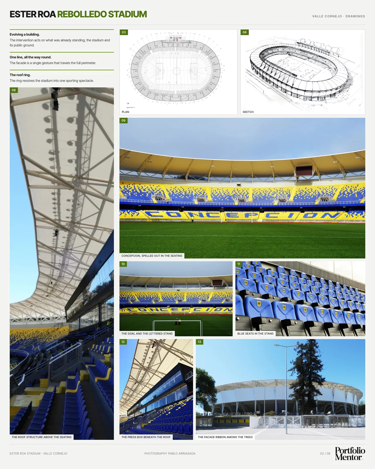 Presentation board page with stadium seating photos and section diagrams