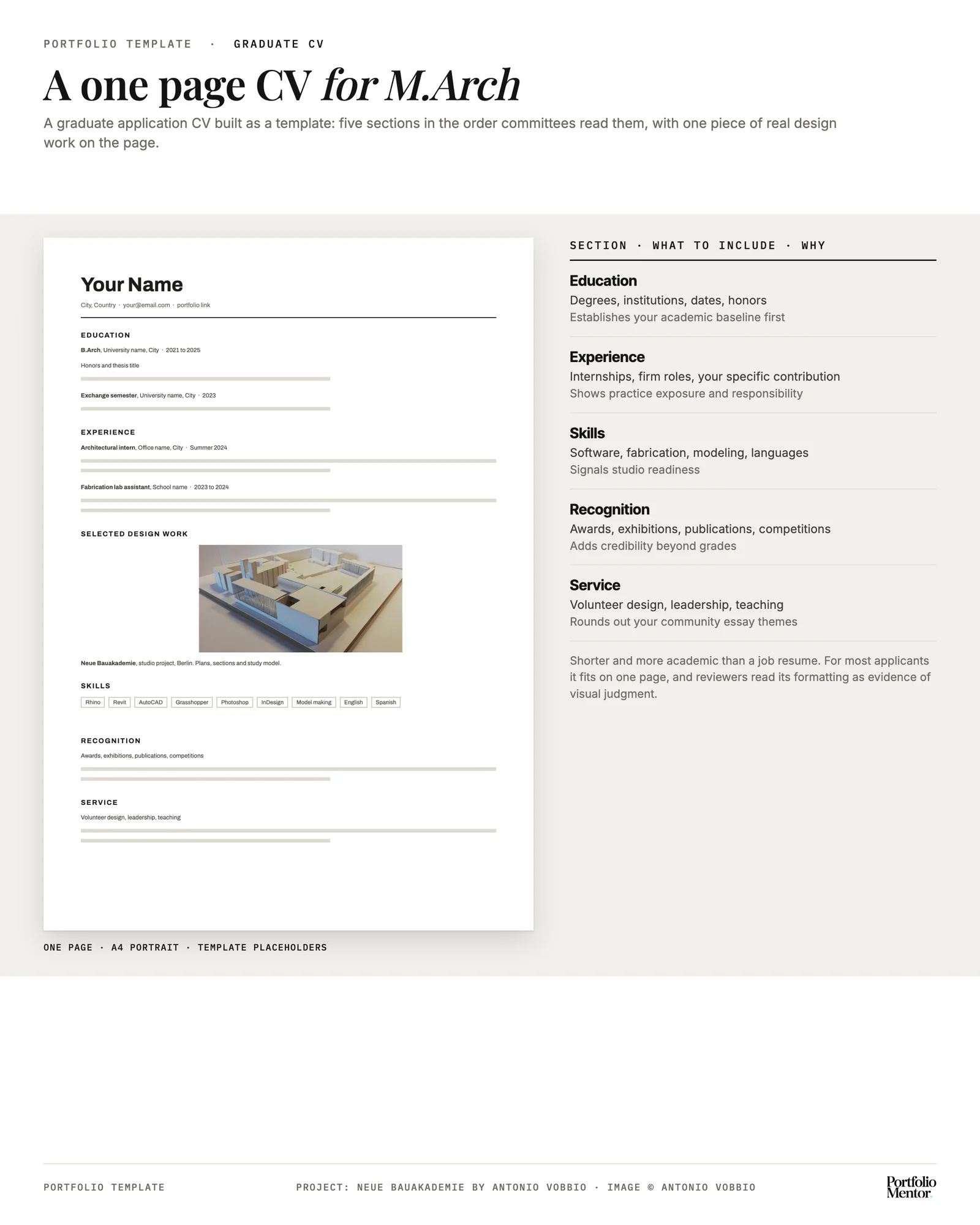 One page graduate architecture CV template with education, experience, selected design work, skills, recognition and service sections