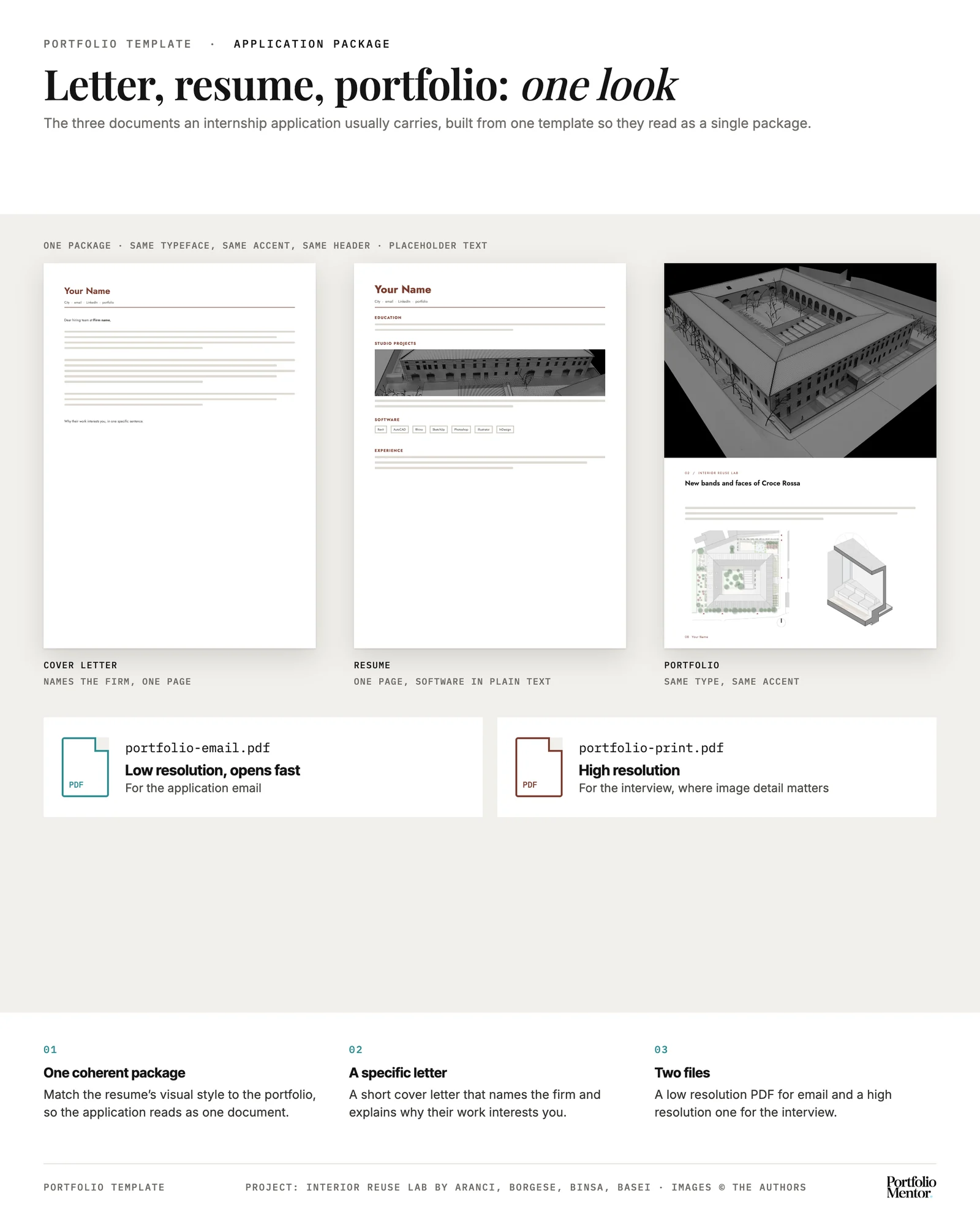 Internship application package template: cover letter, one page resume and portfolio page in one style, with email and print PDF versions