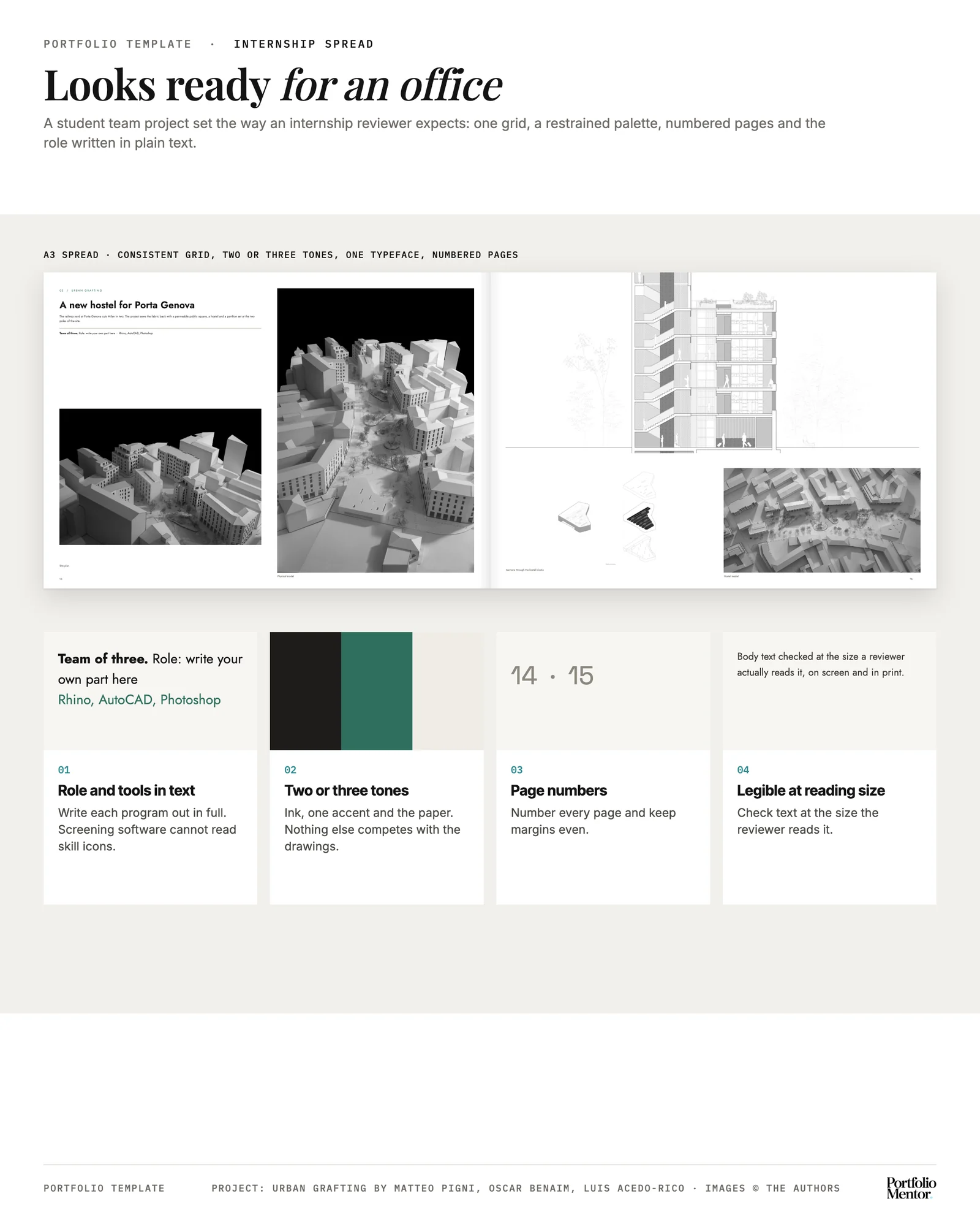 Internship portfolio project spread with one grid, a three tone palette, numbered pages and the role and software written in plain text