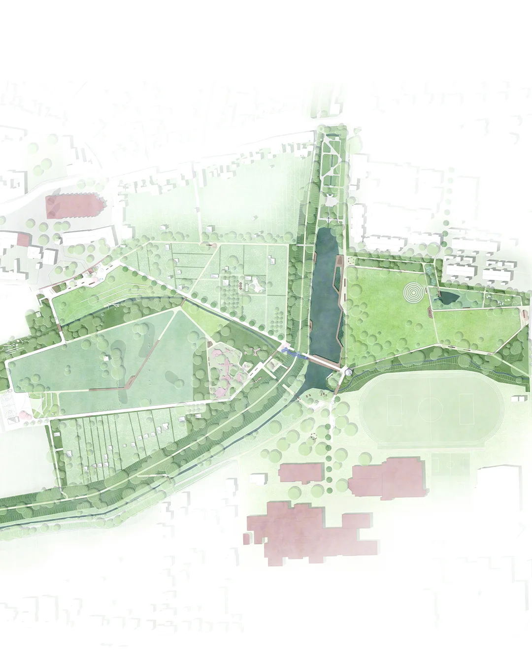 Watercolor aerial masterplan diagram highlighting a building in pink within a green parkland network