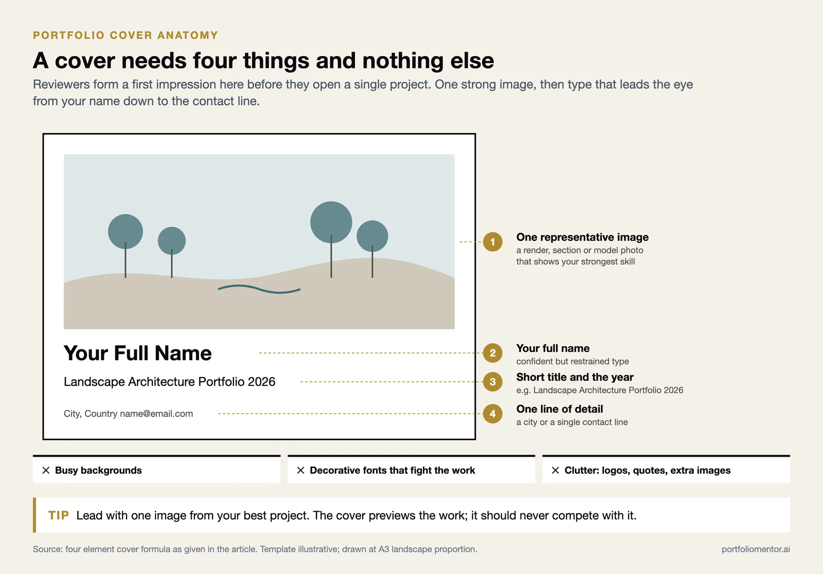 Labelled A3 landscape cover template with one image, full name, title and year, and a single contact line