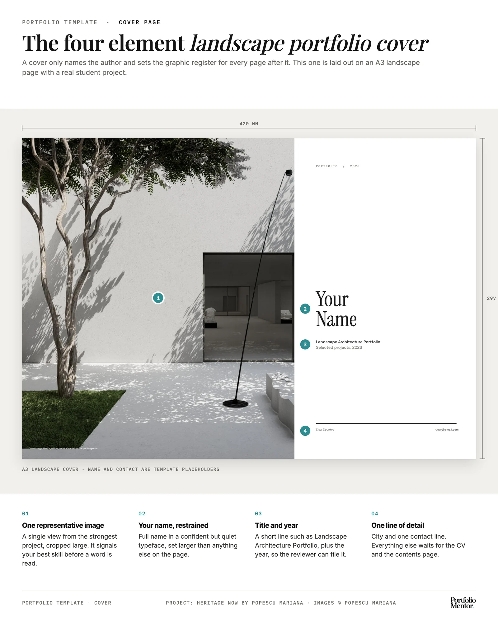 Landscape architecture portfolio cover template on an A3 landscape page with one project image, the name, a title and one contact line