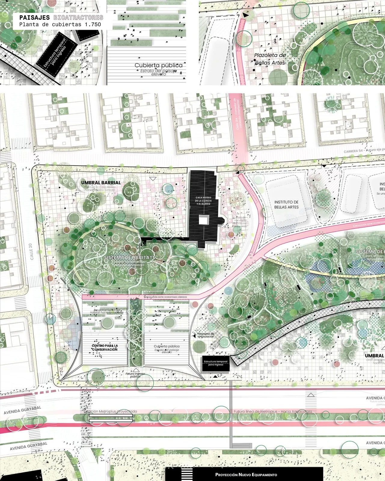 Bioattractor landscapes board with a green site plan and a black building outline, as a landscape project page