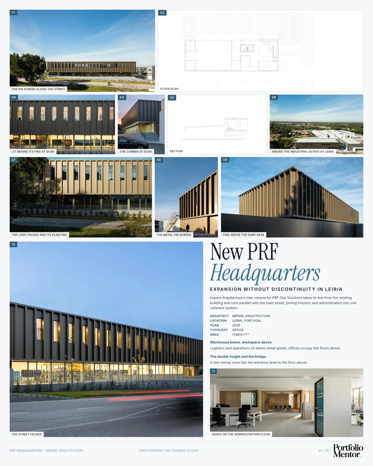 Presentation board cover for New PRF Headquarters showing a dusk exterior render of the office building, with a clear visual hierarchy