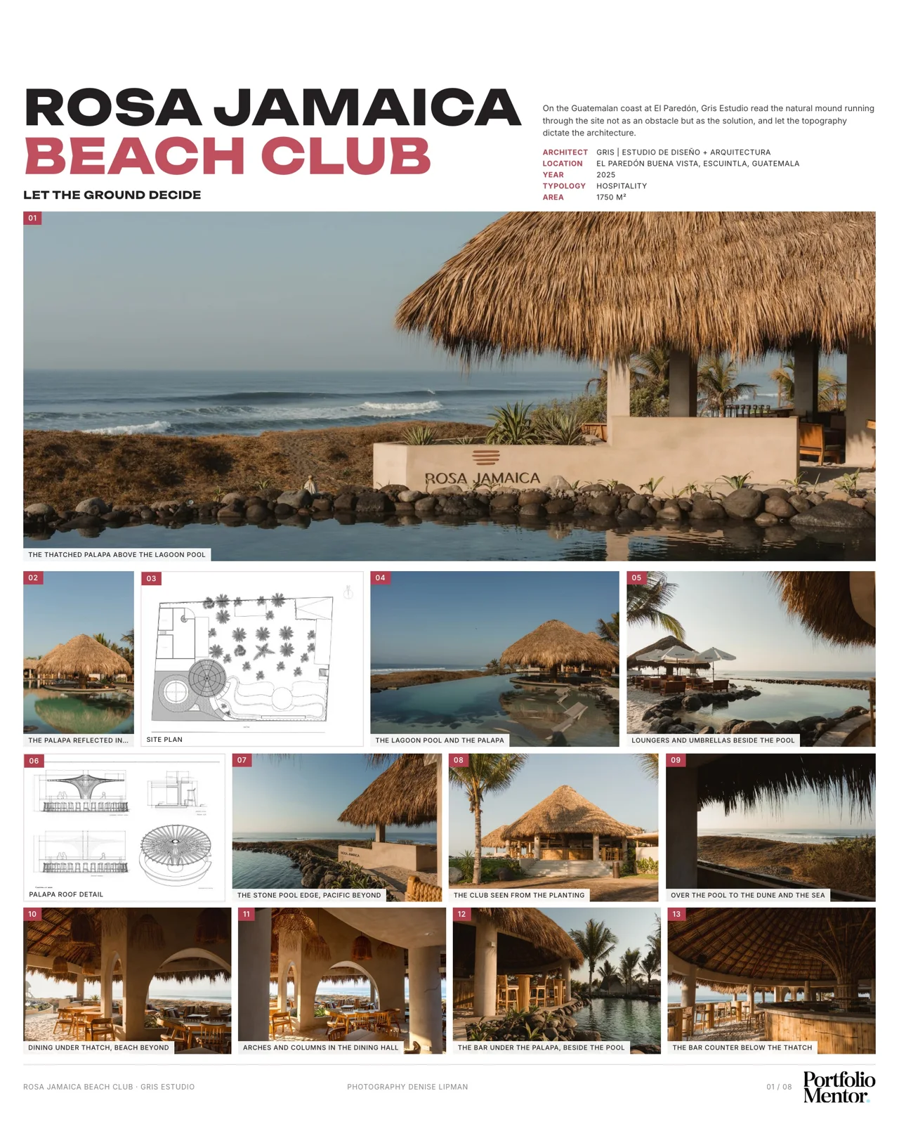 Presentation board cover for Rosa Jamaica Beach Club showing a thatched roof beach pavilion by the sea, with one hero image