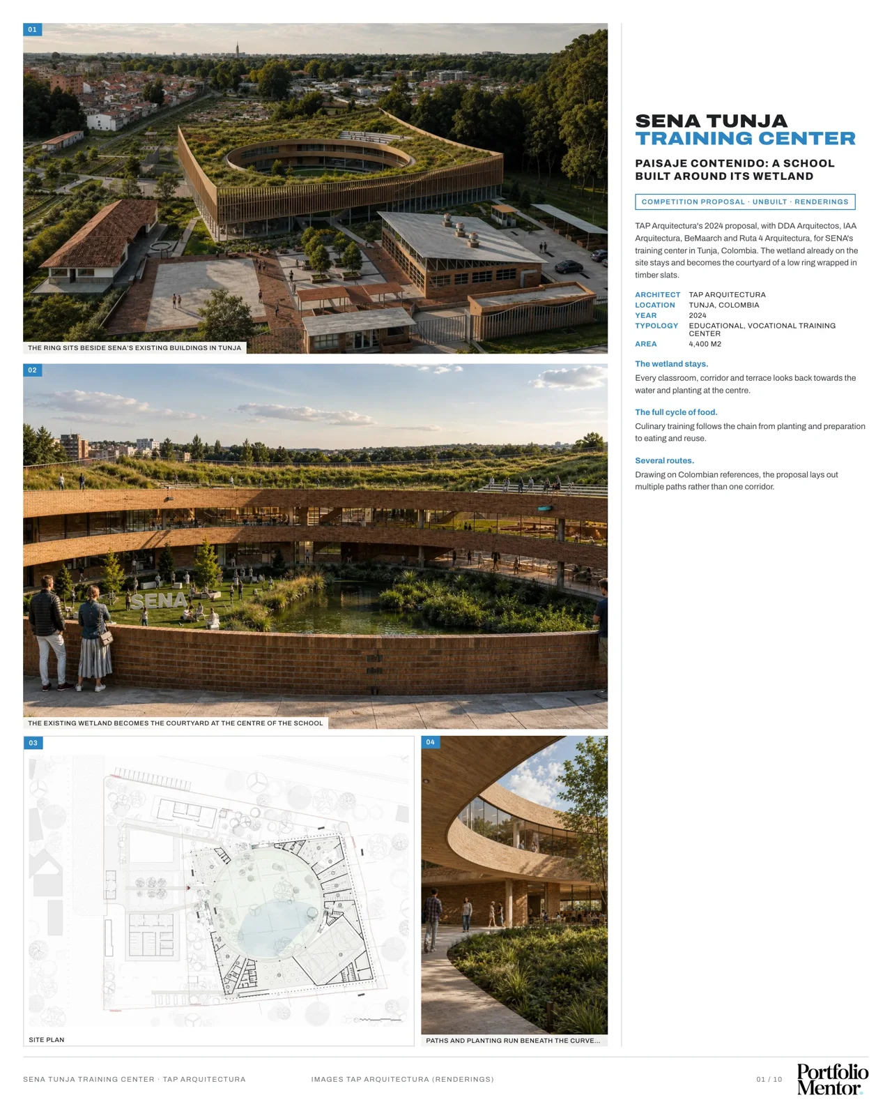 Presentation board cover for SENA Tunja Training Center showing green roof terraces exterior photo