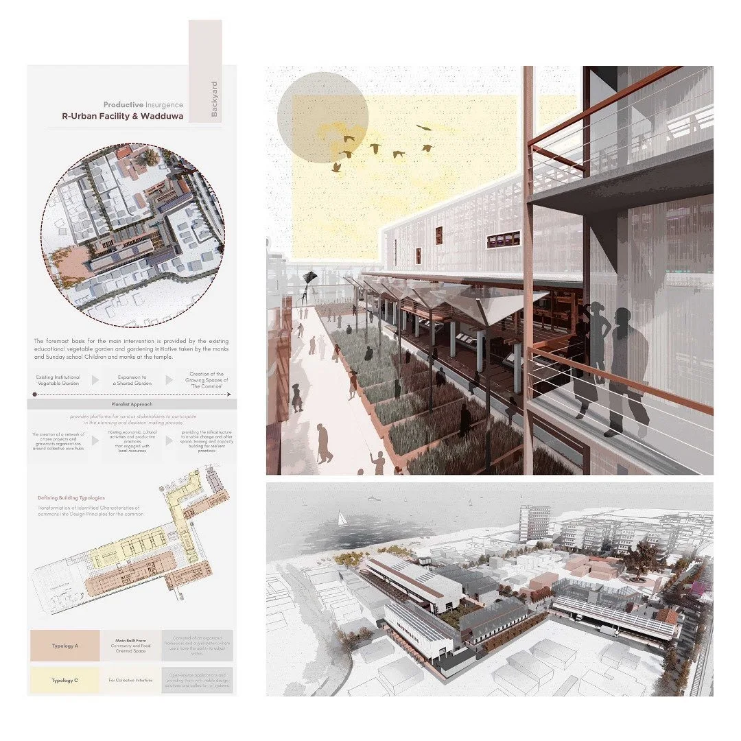 Collage board of yellow toned market interior and exterior photos with small plan diagrams