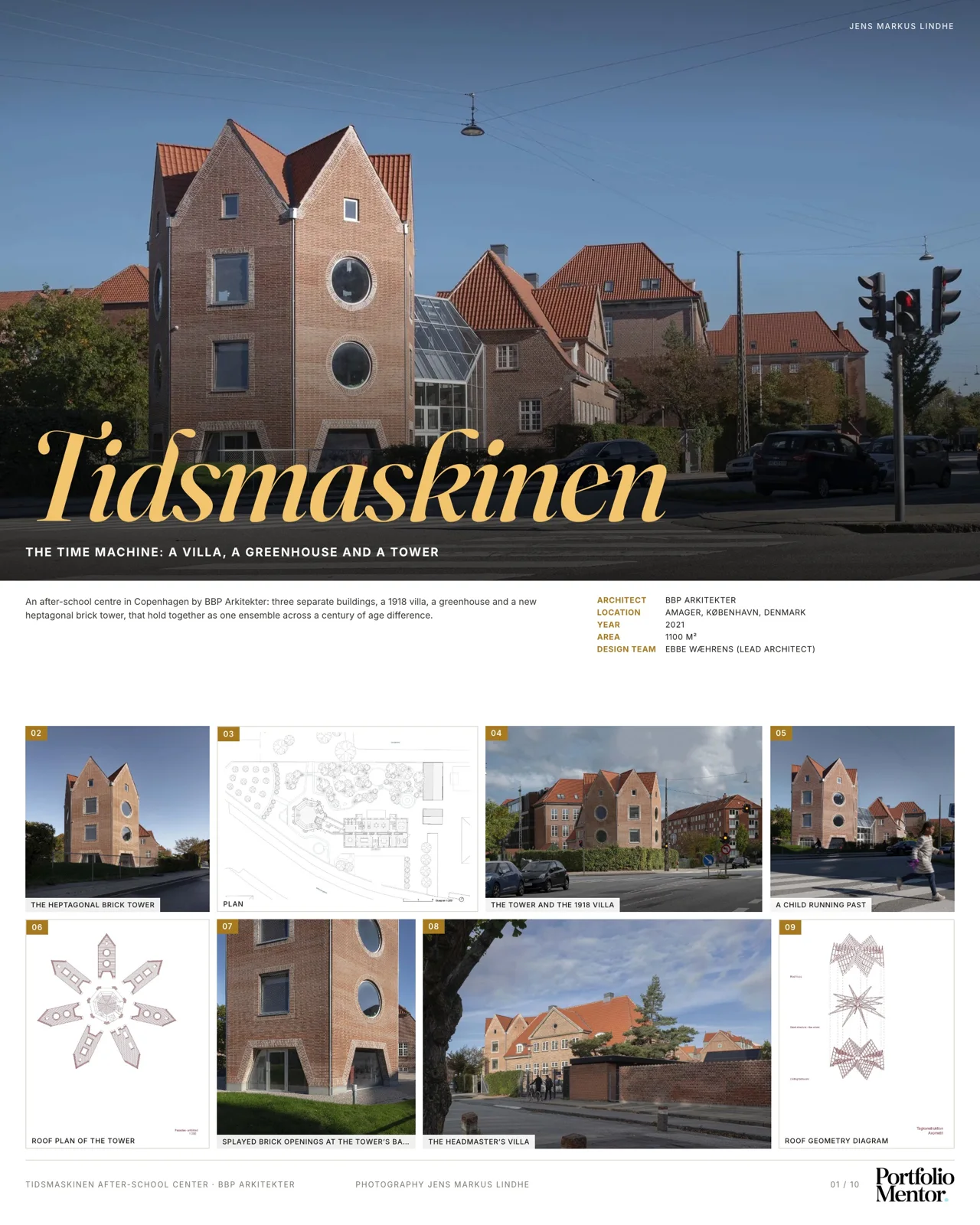 Presentation board cover for Tidsmaskinen showing a brick residential exterior street photo, as a photo led format