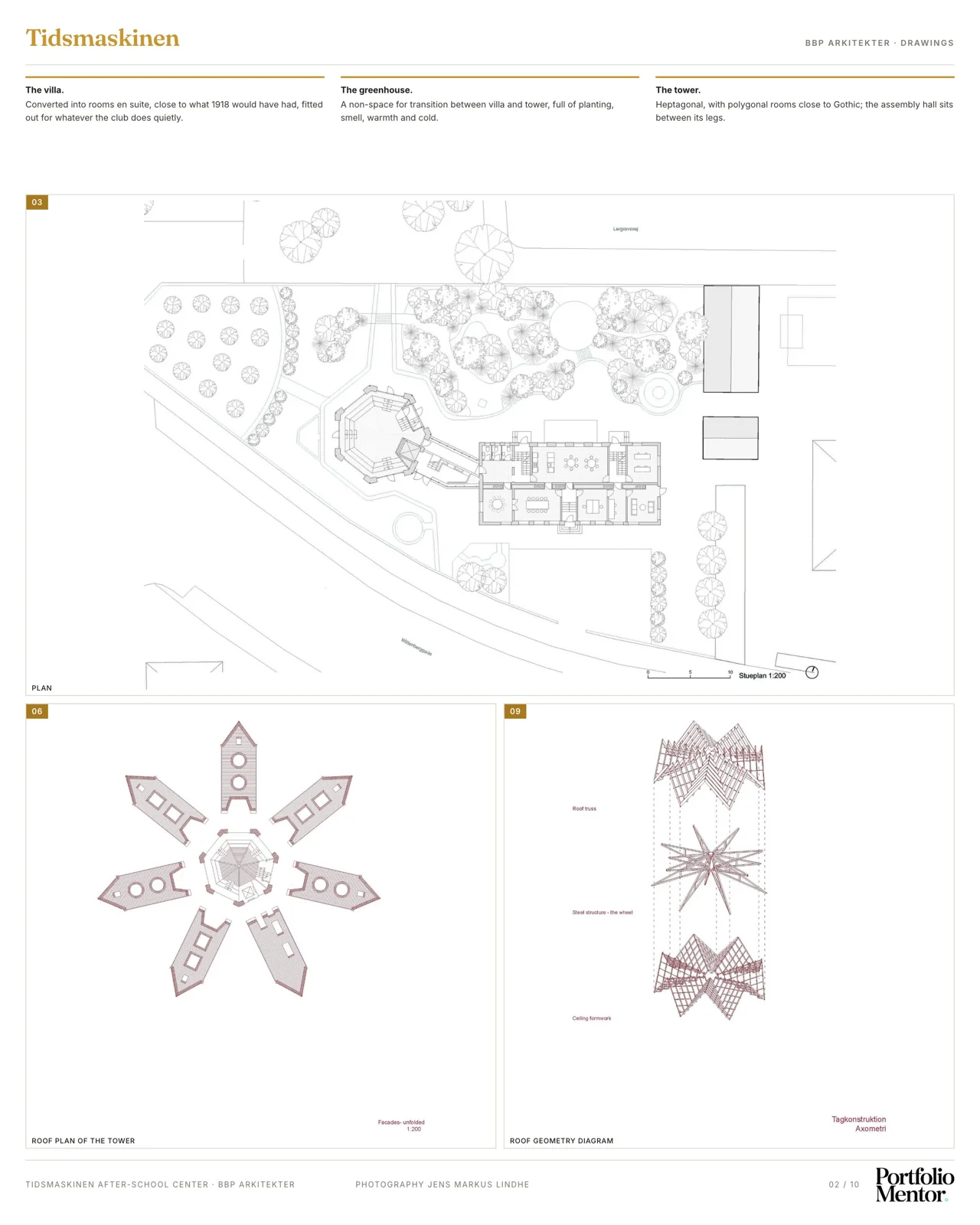Presentation board page with a site plan and pattern diagram line drawings for the after school center