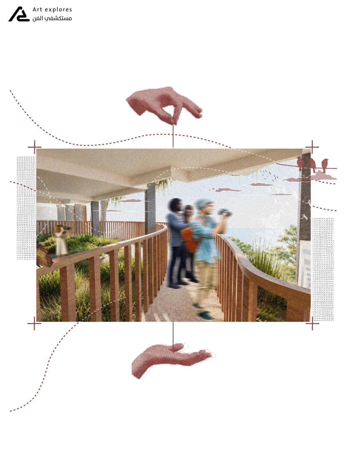 Photomontage of a timber terrace walkway with people framed by illustrated hands