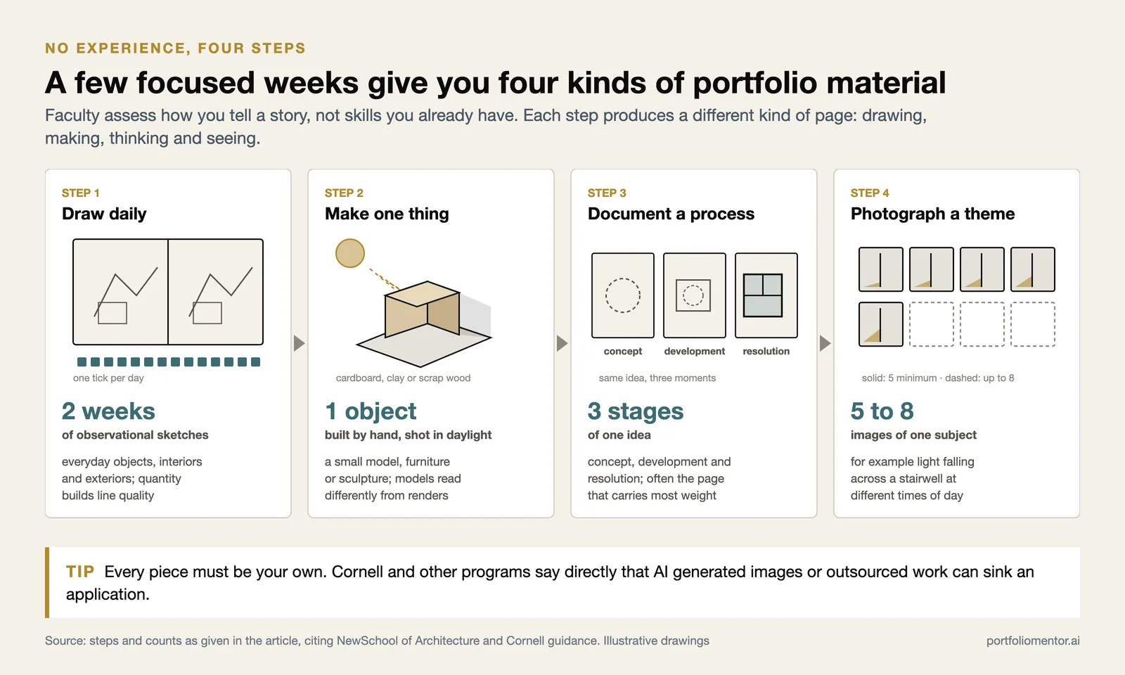 Four step plan for a first portfolio: two weeks of daily drawing, one model, one idea in three stages, five to eight photos