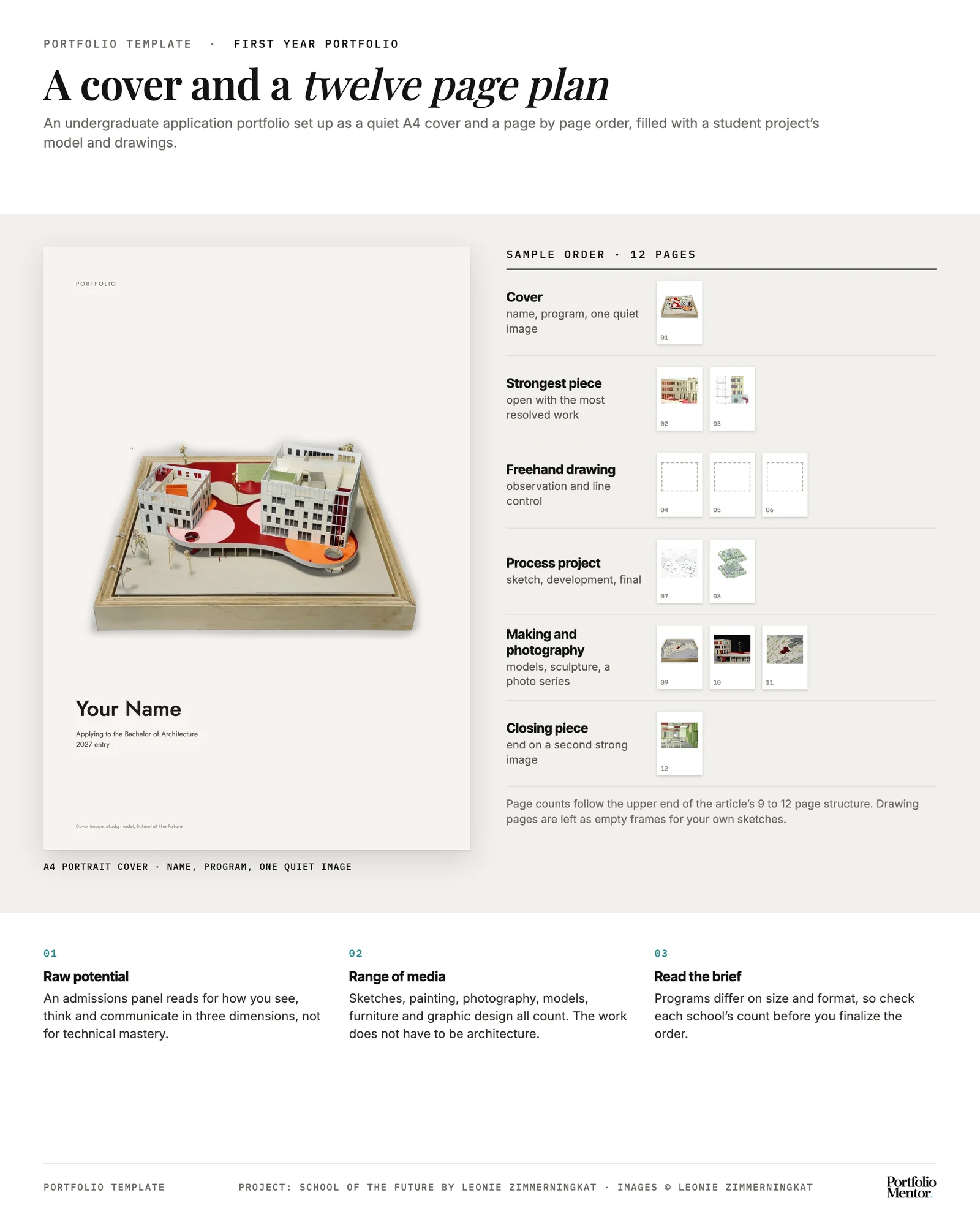 Undergraduate architecture portfolio template with a quiet A4 cover and a twelve page order from strongest piece to closing piece