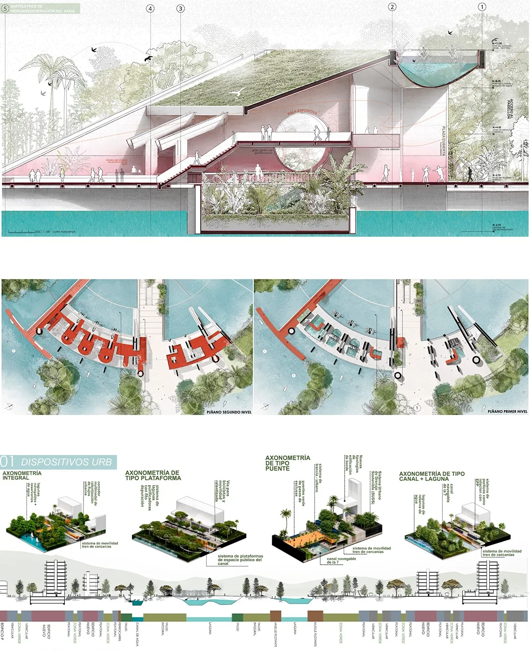 Board for Water Regeneration Amphitheatres with an interior render and small pink washed axonometric diagrams
